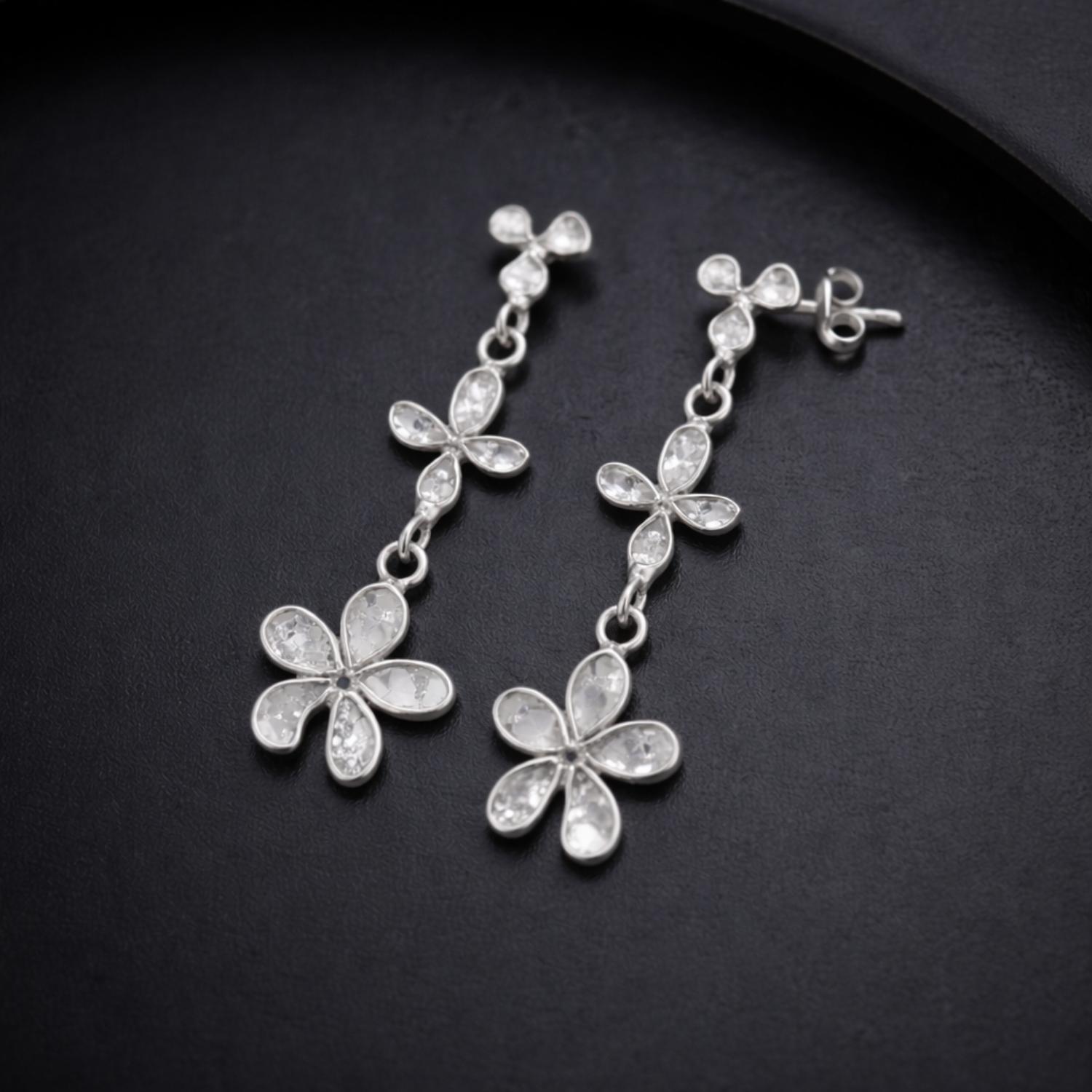 0.75 Ct Unshaped Polki Diamond Floral Drop Earrings - 925 Sterling Silver
