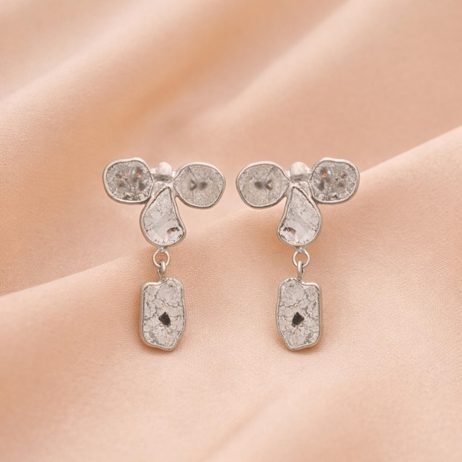 1.00 Ct Unshaped Polki Diamond Drop Earrings - 925 Sterling Silver