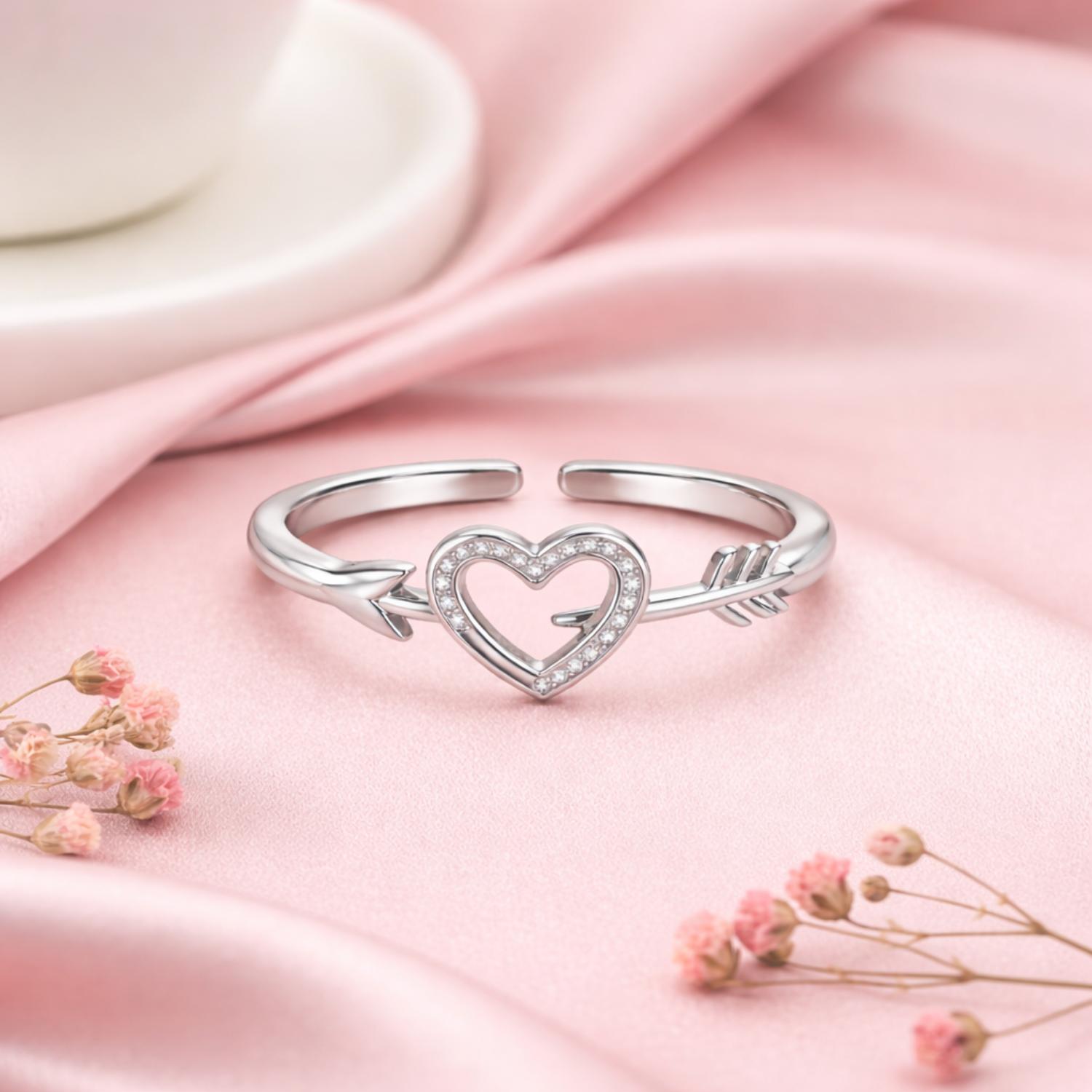 Heart Arrow Open Adjustable Ring – Sterling Silver
