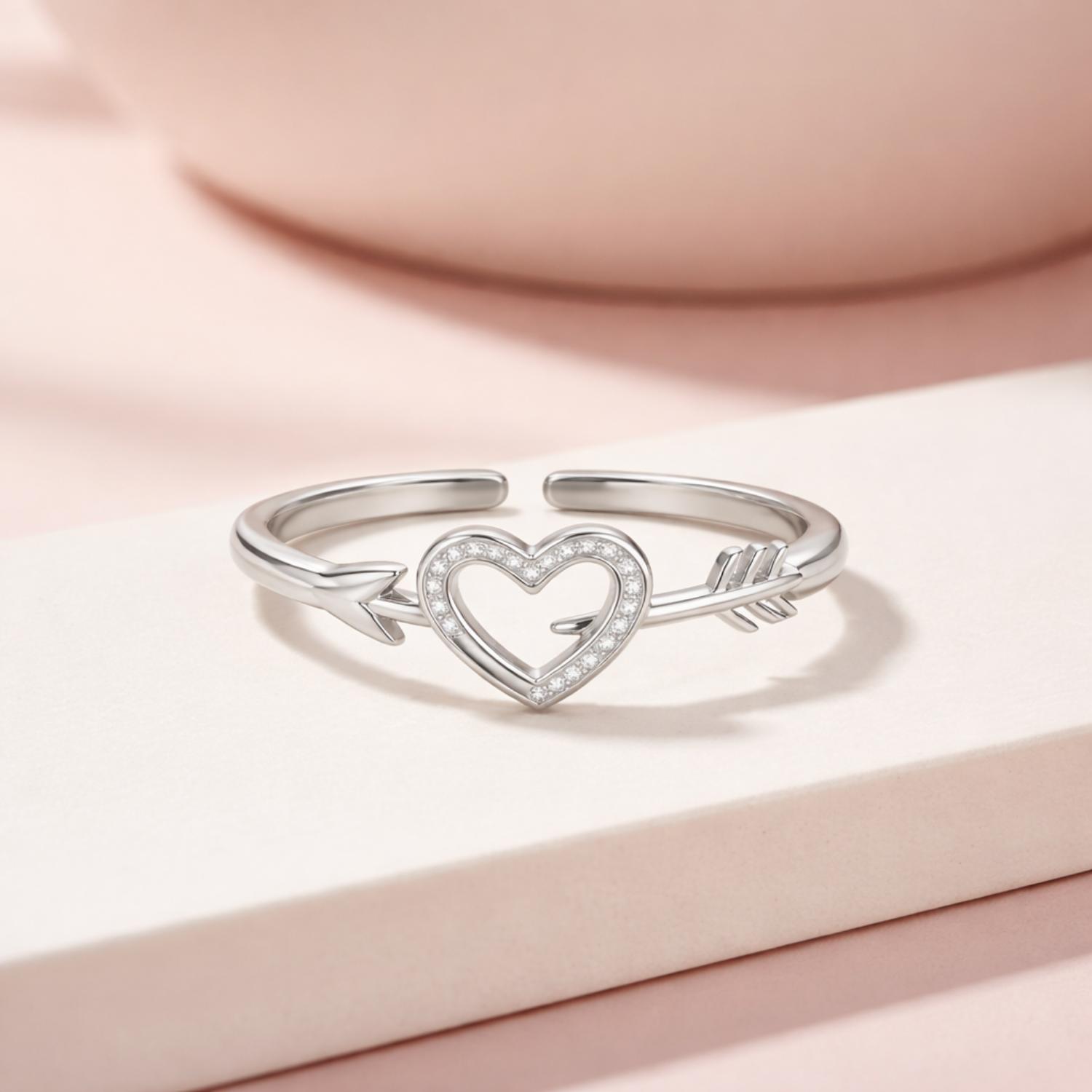 Heart Arrow Open Adjustable Ring – Sterling Silver