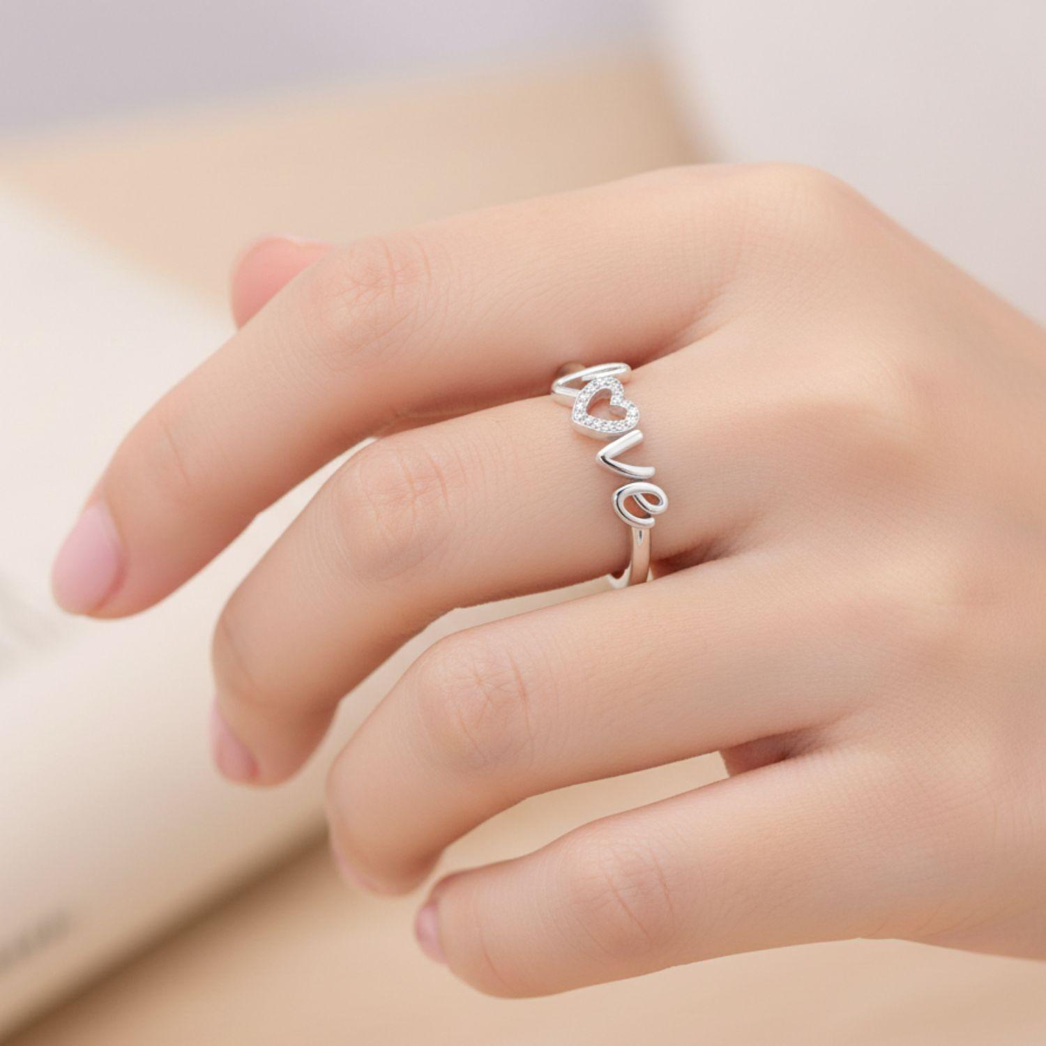 Heart Love Script Open Adjustable Ring – Sterling Silver
