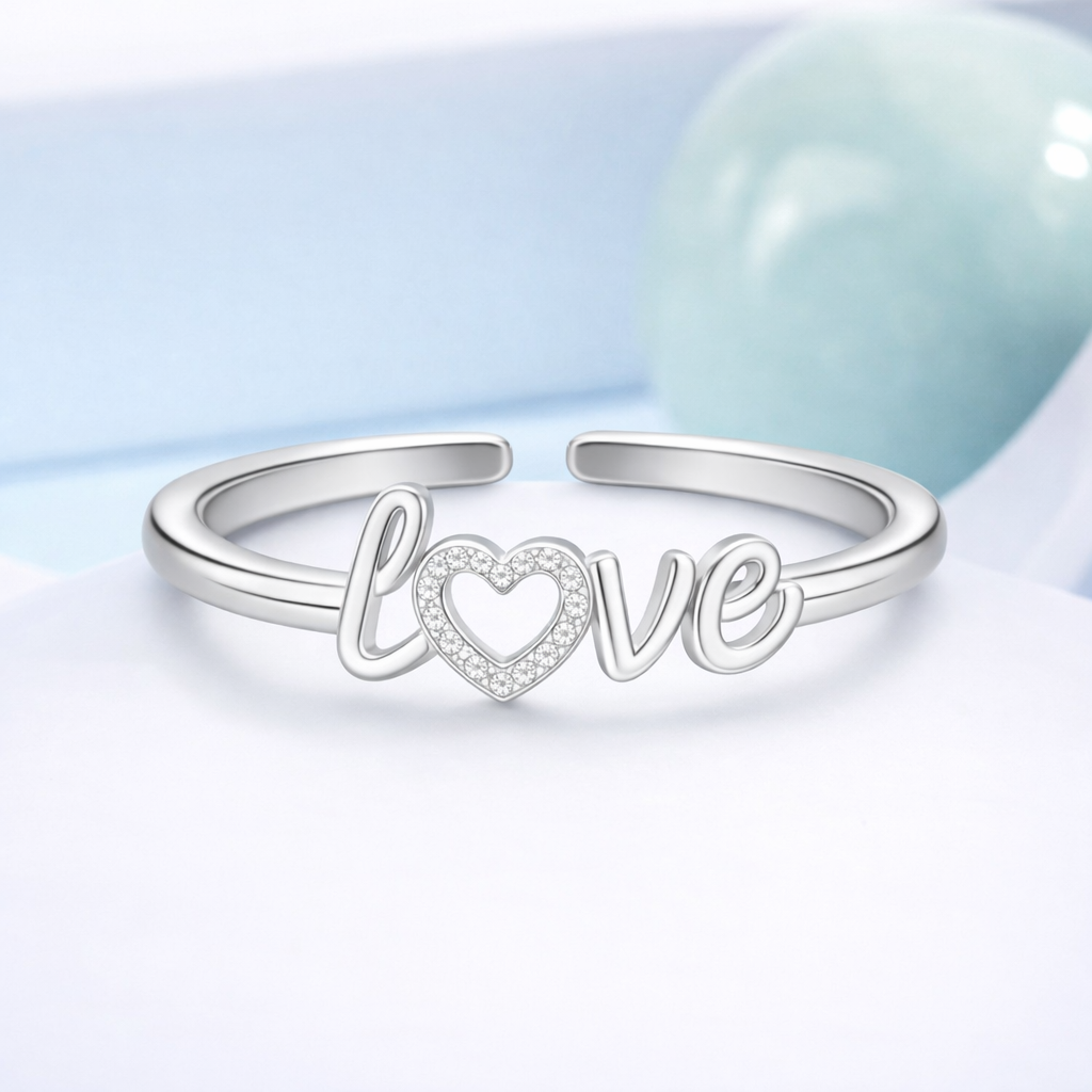 Heart Love Script Open Adjustable Ring – Sterling Silver