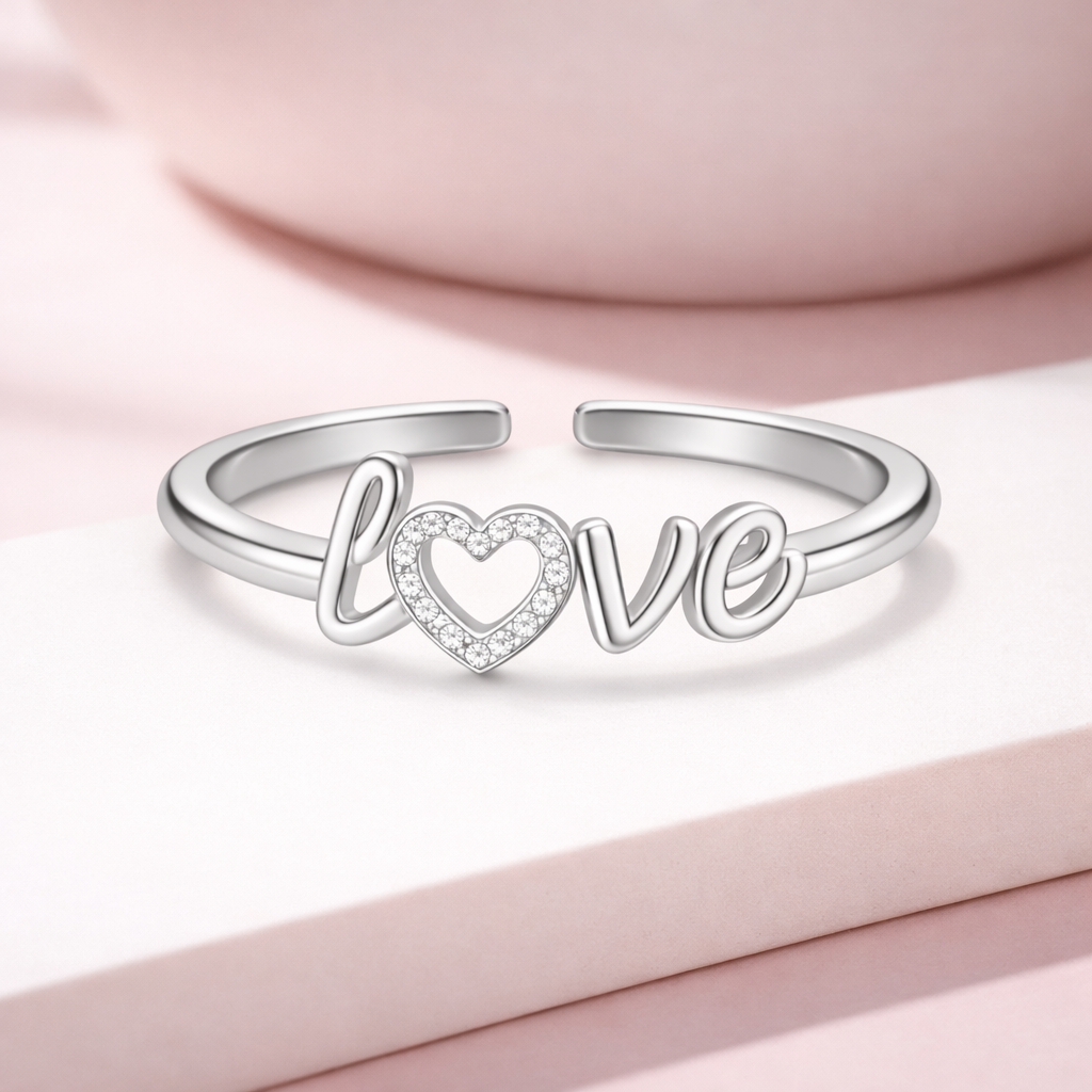 Heart Love Script Open Adjustable Ring – Sterling Silver