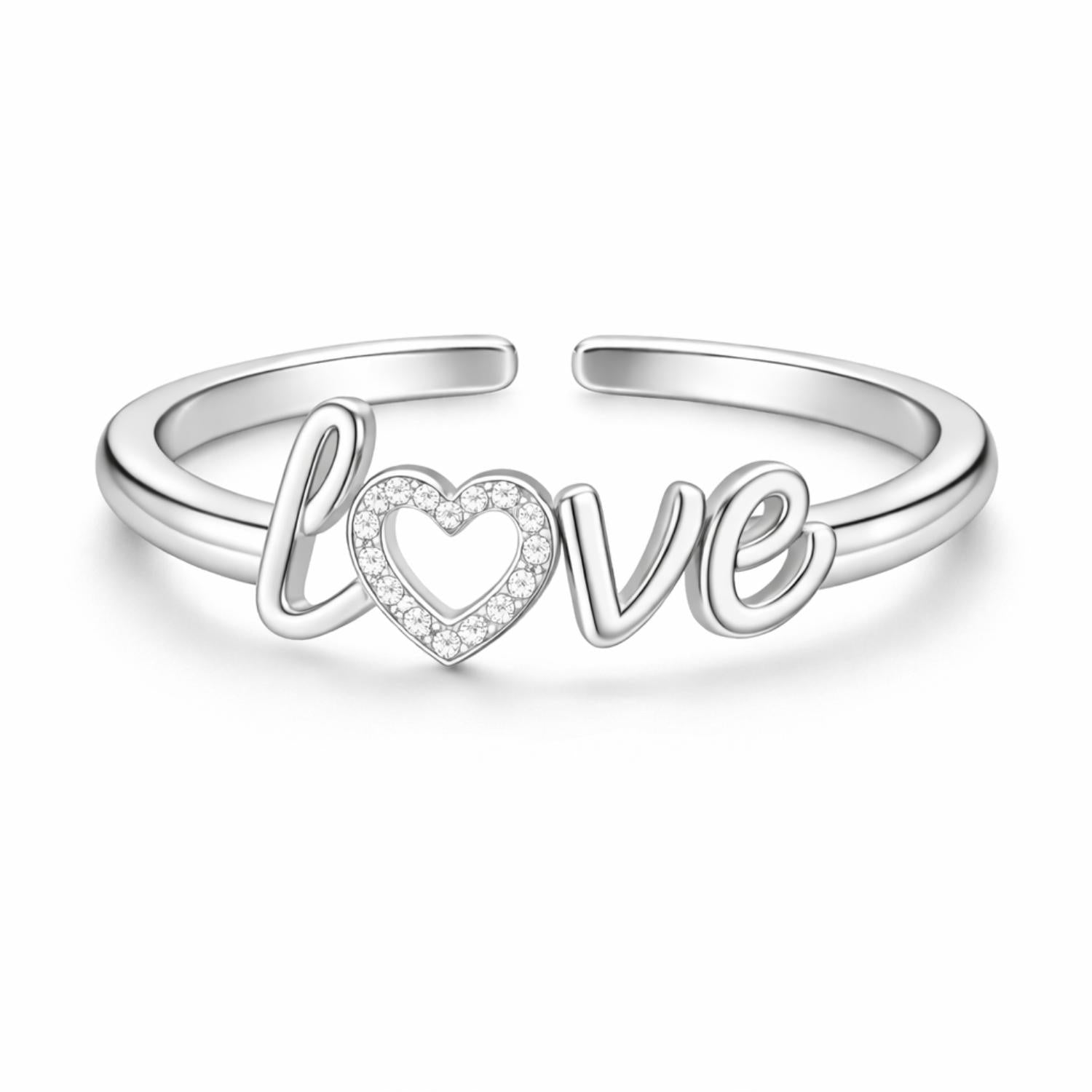 Heart Love Script Open Adjustable Ring – Sterling Silver