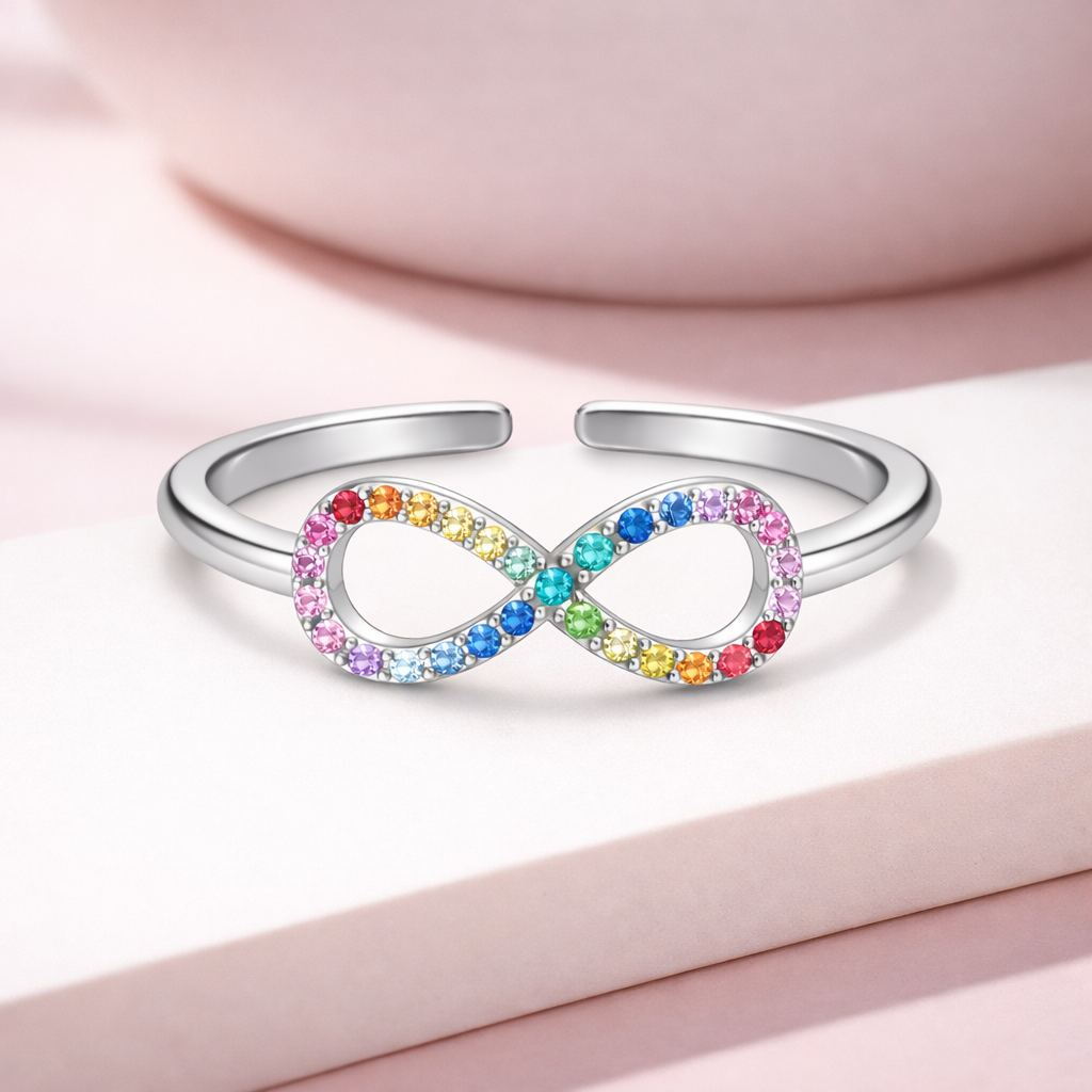 Rainbow Infinity Adjustable Open Ring – Sterling Silver