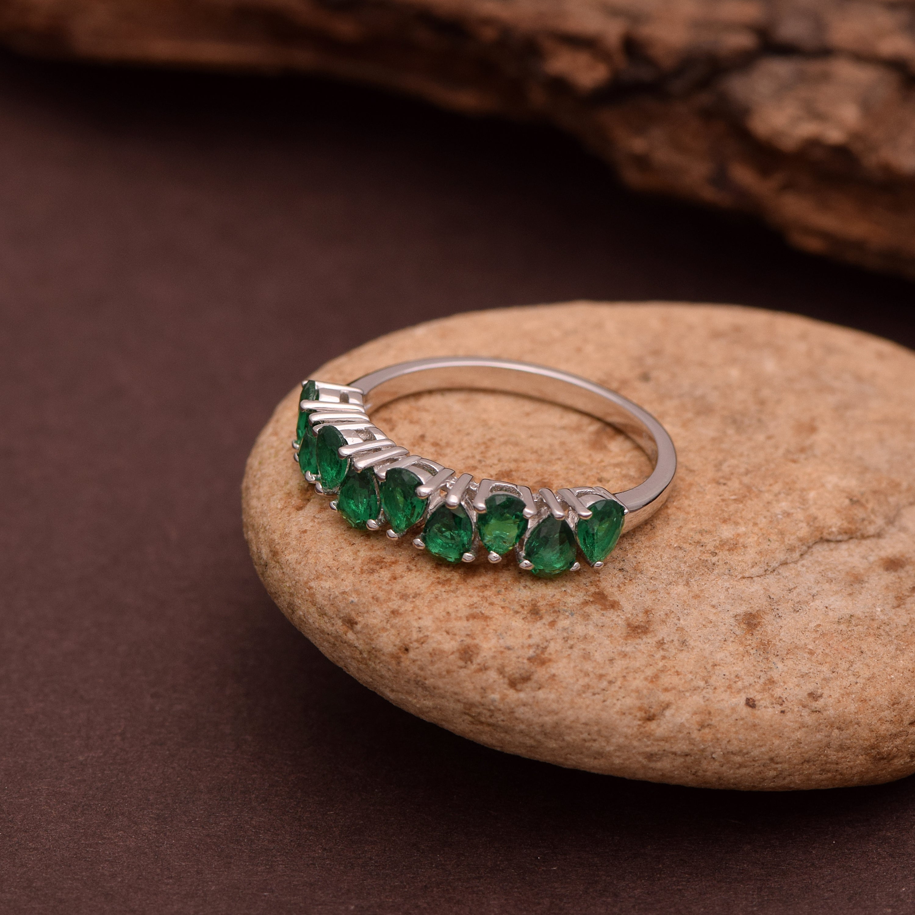 Emerald Olive Green Eternity Ring - Sterling Silver