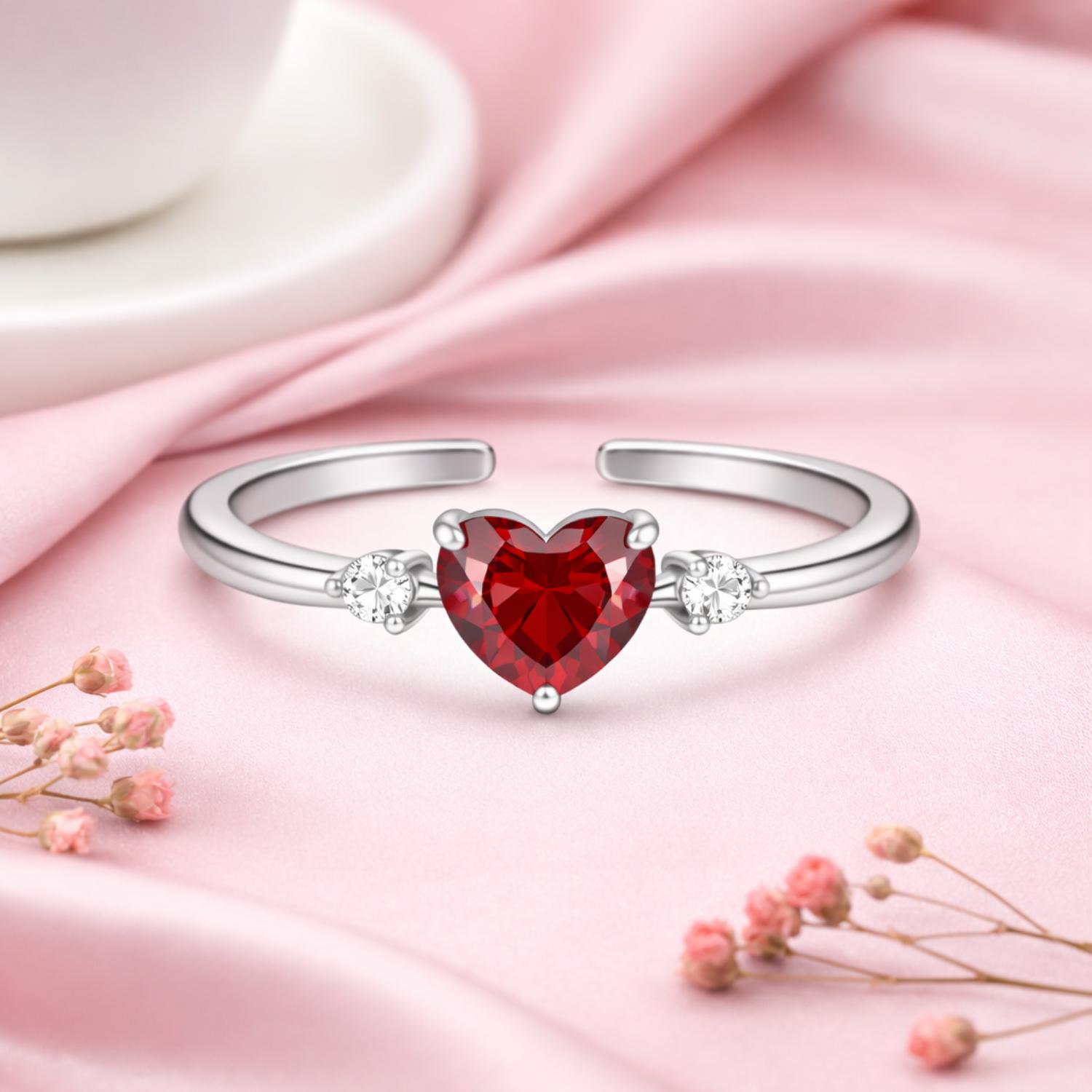 Heart Cut Red CZ Three-Stone Adjustable Ring – Sterling Silver