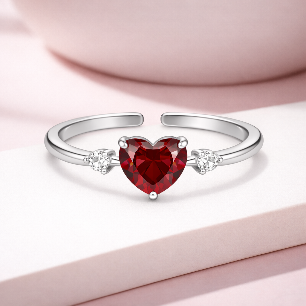 Heart Cut Red CZ Three-Stone Adjustable Ring – Sterling Silver