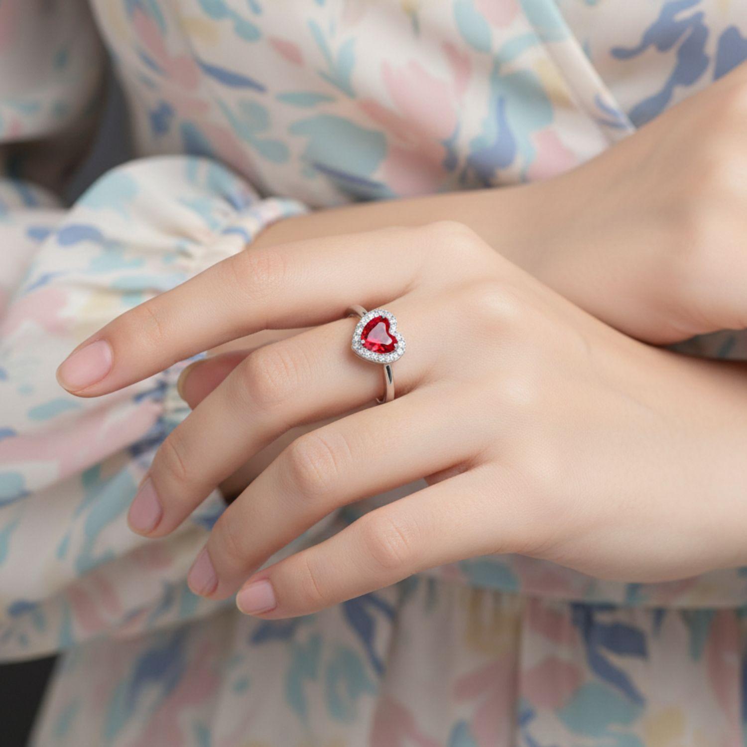 Red CZ Heart Halo Open  Adjustable Ring – Sterling Silver