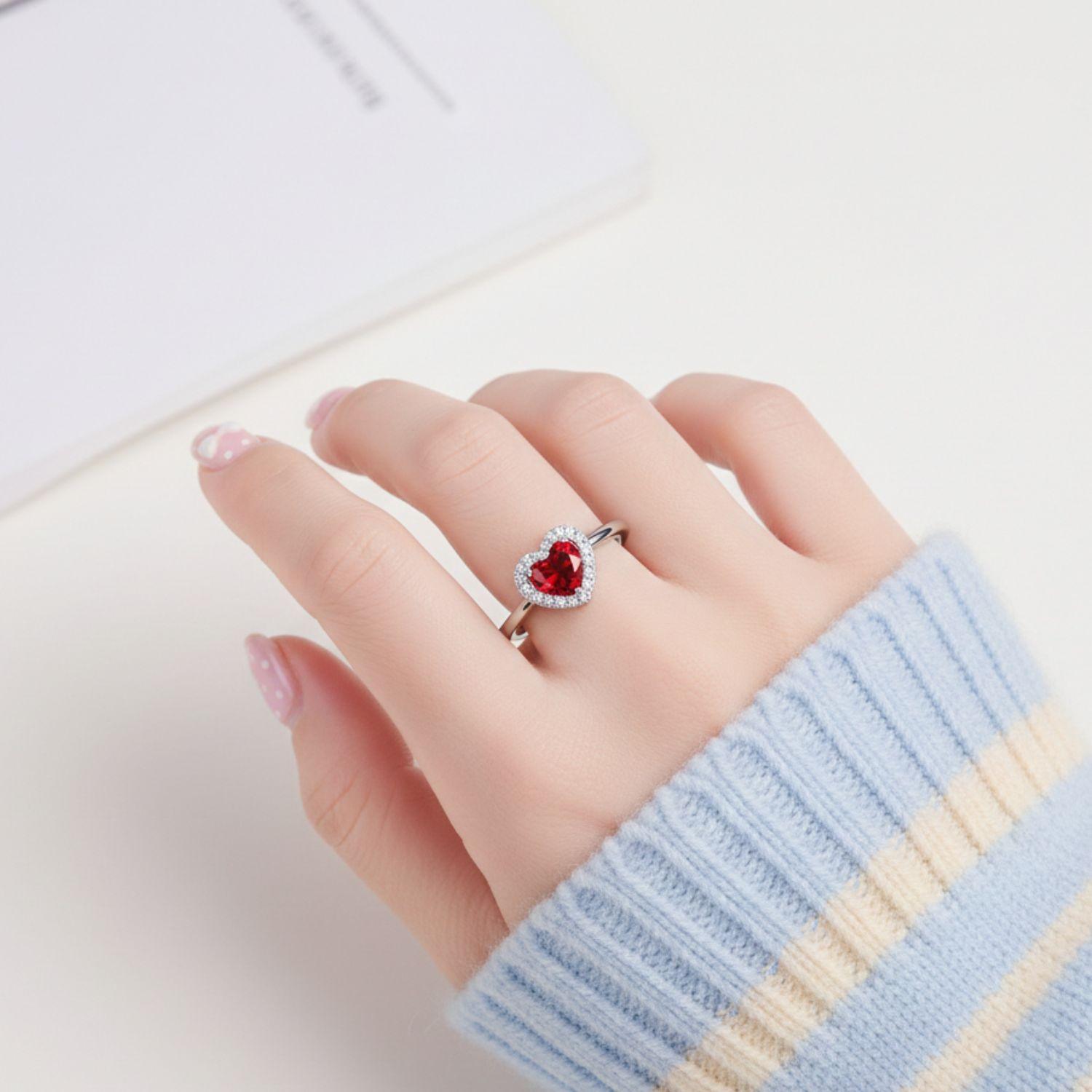 Red CZ Heart Halo Open  Adjustable Ring – Sterling Silver