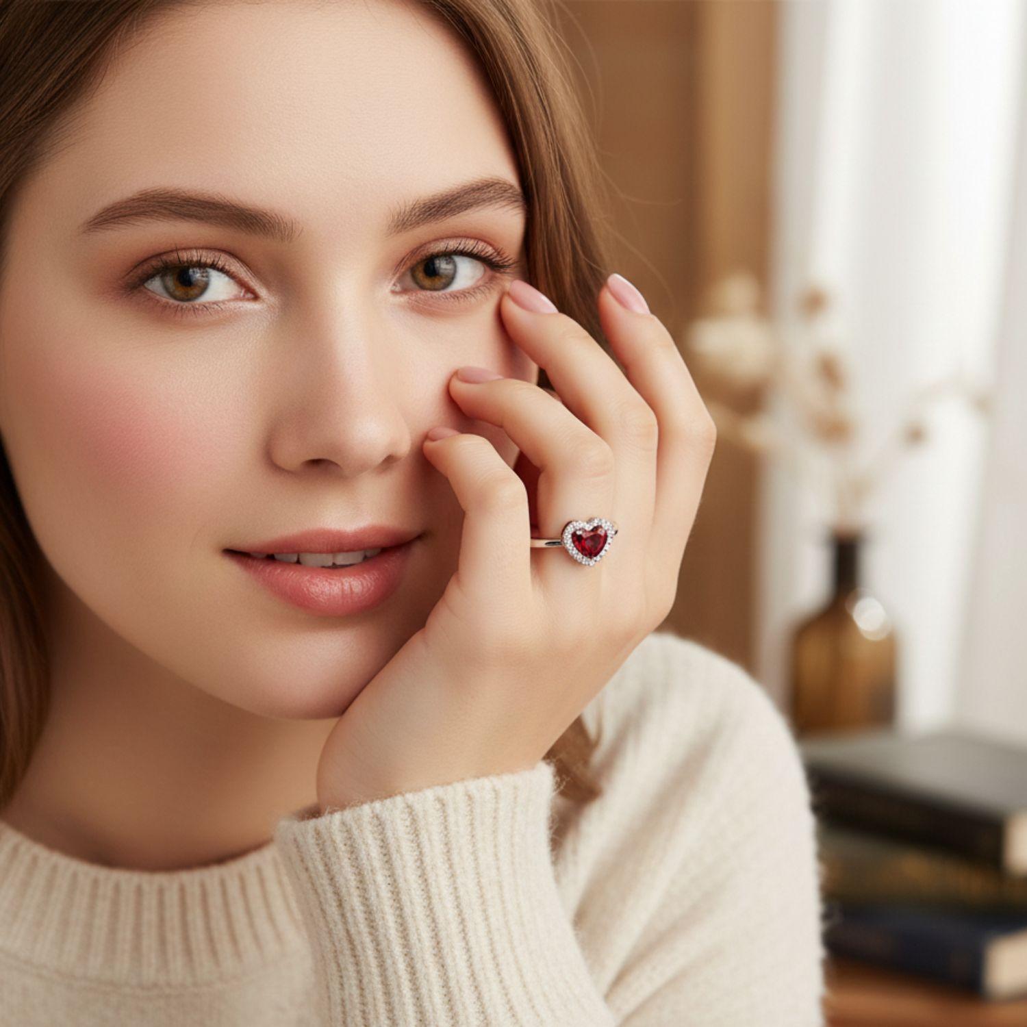 Red CZ Heart Halo Open  Adjustable Ring – Sterling Silver