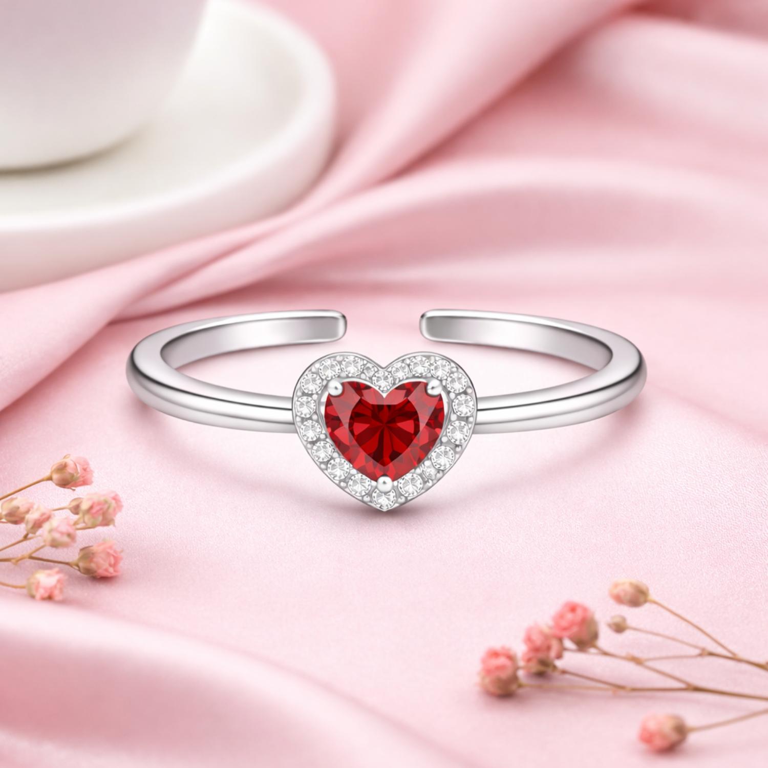 Red CZ Heart Halo Open  Adjustable Ring – Sterling Silver