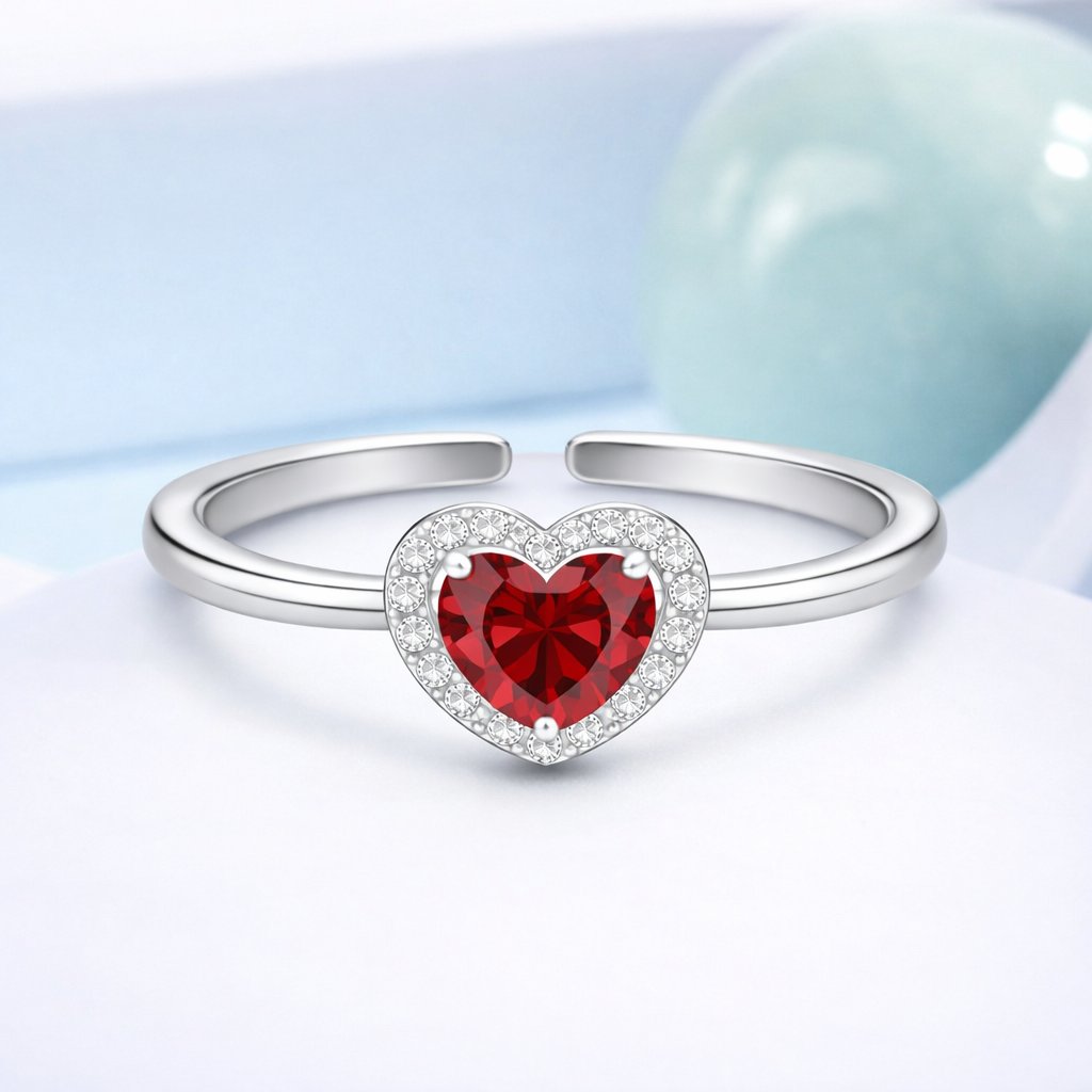 Red CZ Heart Halo Open  Adjustable Ring – Sterling Silver