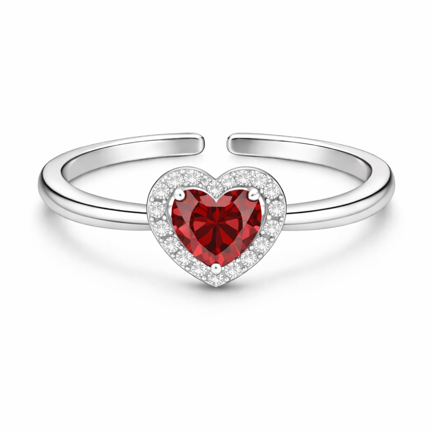 Red CZ Heart Halo Open  Adjustable Ring – Sterling Silver