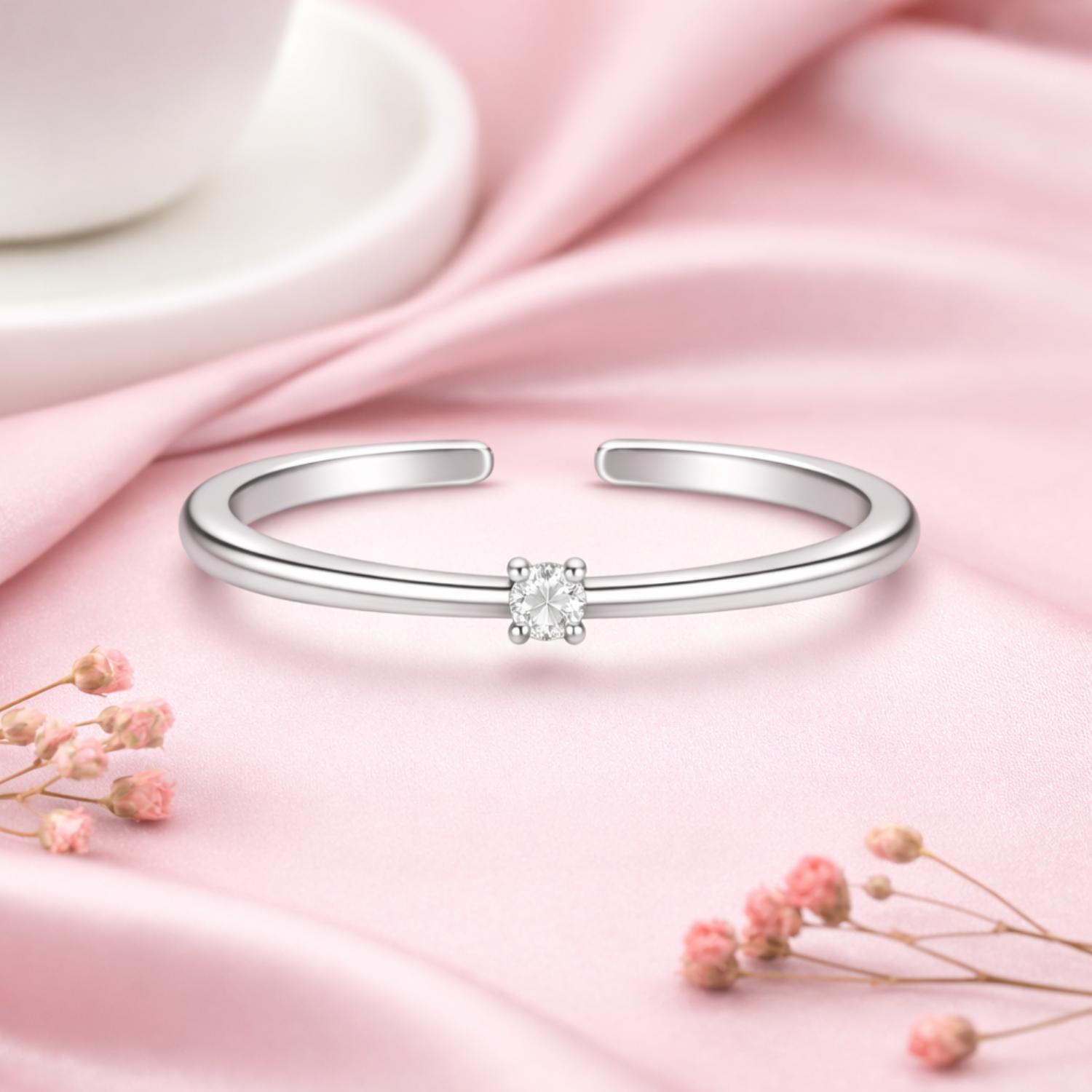 Round White CZ Solitaire Adjustable Open Ring – Sterling Silver