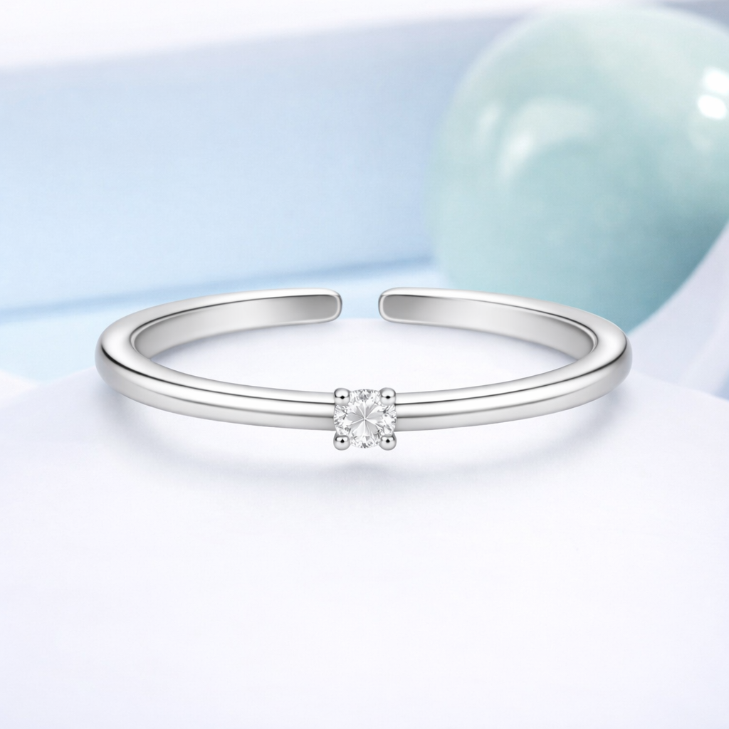 Round White CZ Solitaire Adjustable Open Ring – Sterling Silver