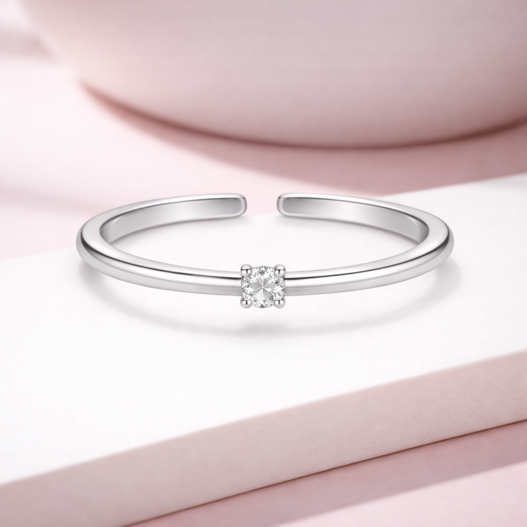 Round White CZ Solitaire Adjustable Open Ring – Sterling Silver