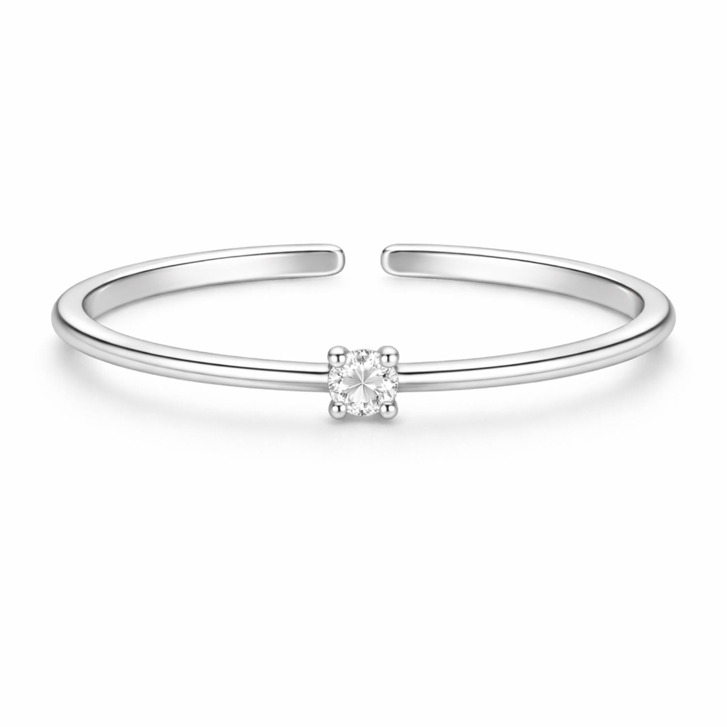 Round White CZ Solitaire Adjustable Open Ring – Sterling Silver