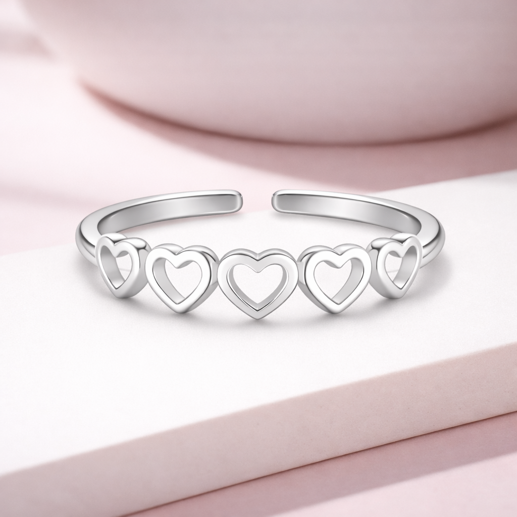 Multi Heart Adjustable Open Ring – Sterling Silver