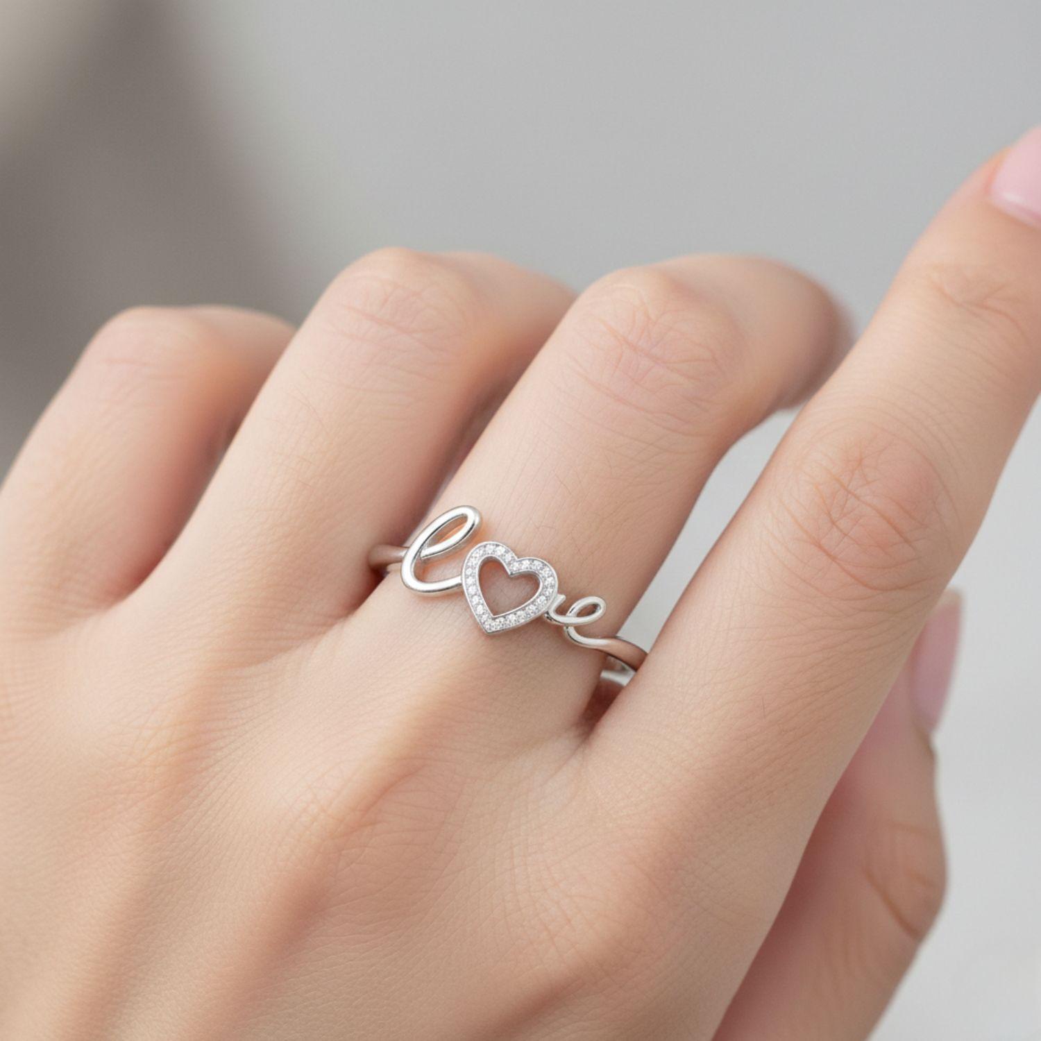 Heart Love Script Open Adjustable Ring –Sterling Silver