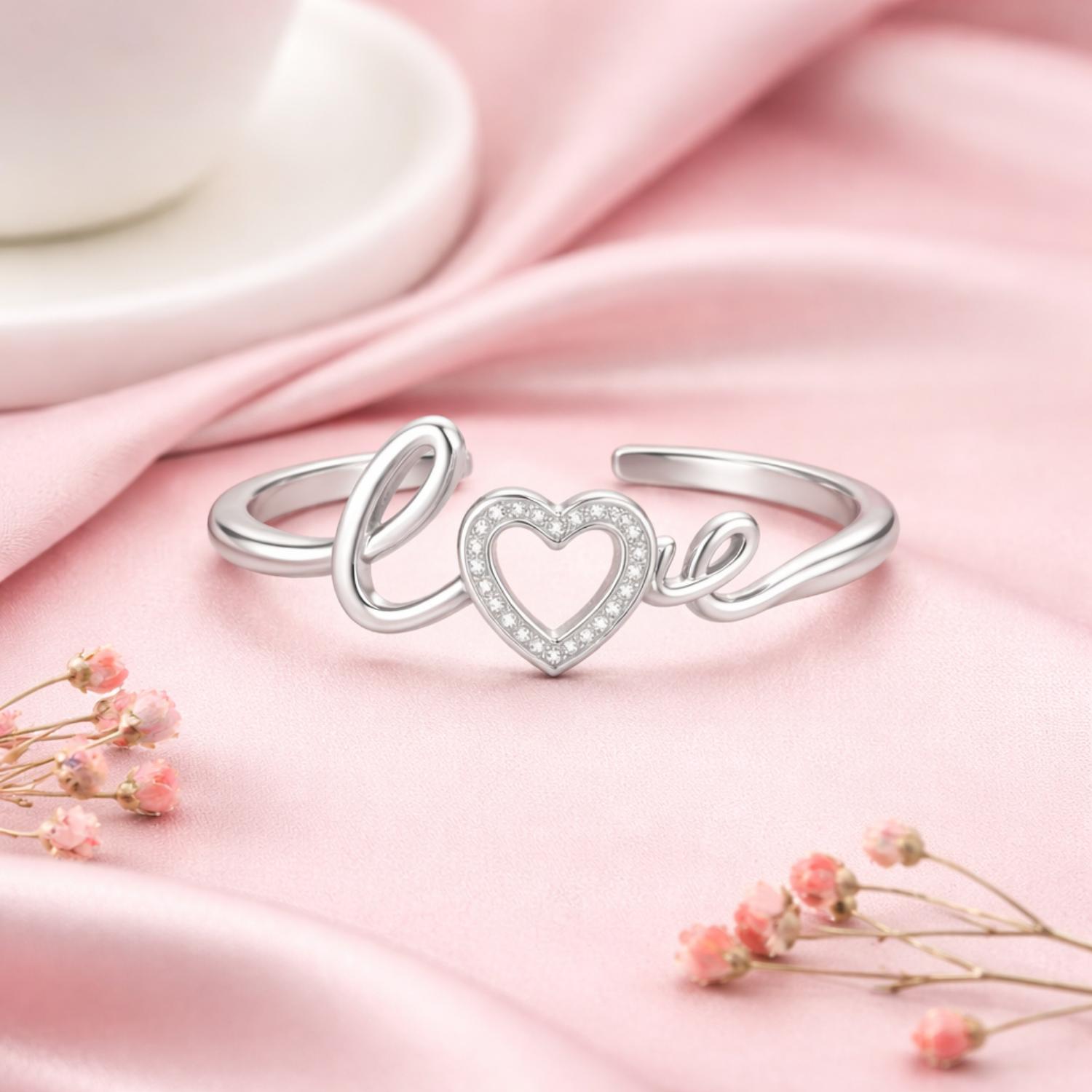 Heart Love Script Open Adjustable Ring –Sterling Silver