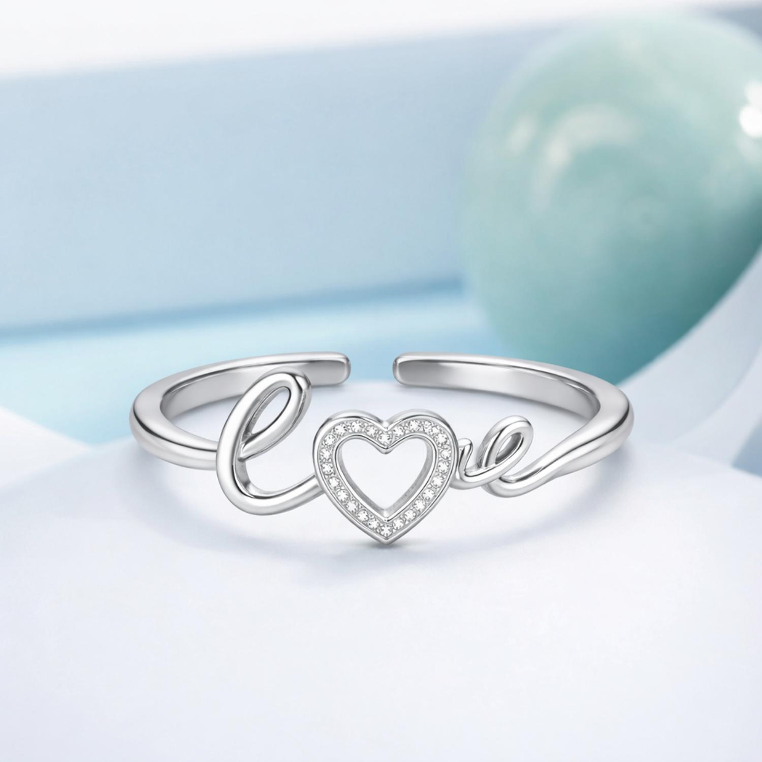 Heart Love Script Open Adjustable Ring –Sterling Silver