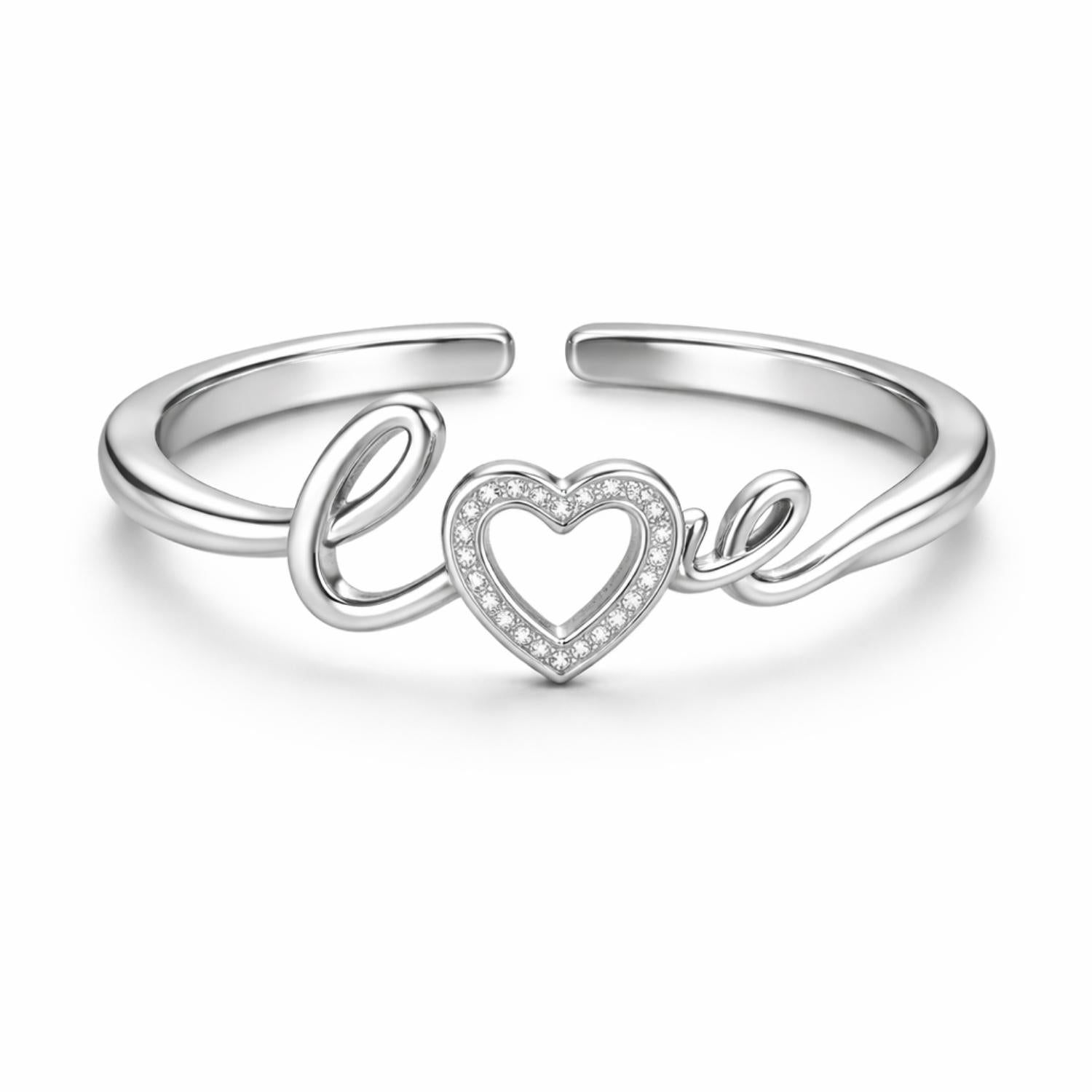 Heart Love Script Open Adjustable Ring –Sterling Silver