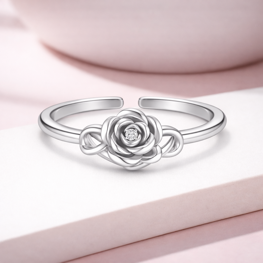Rose Flower Floral Knot Adjustable Open Ring – Sterling Silver