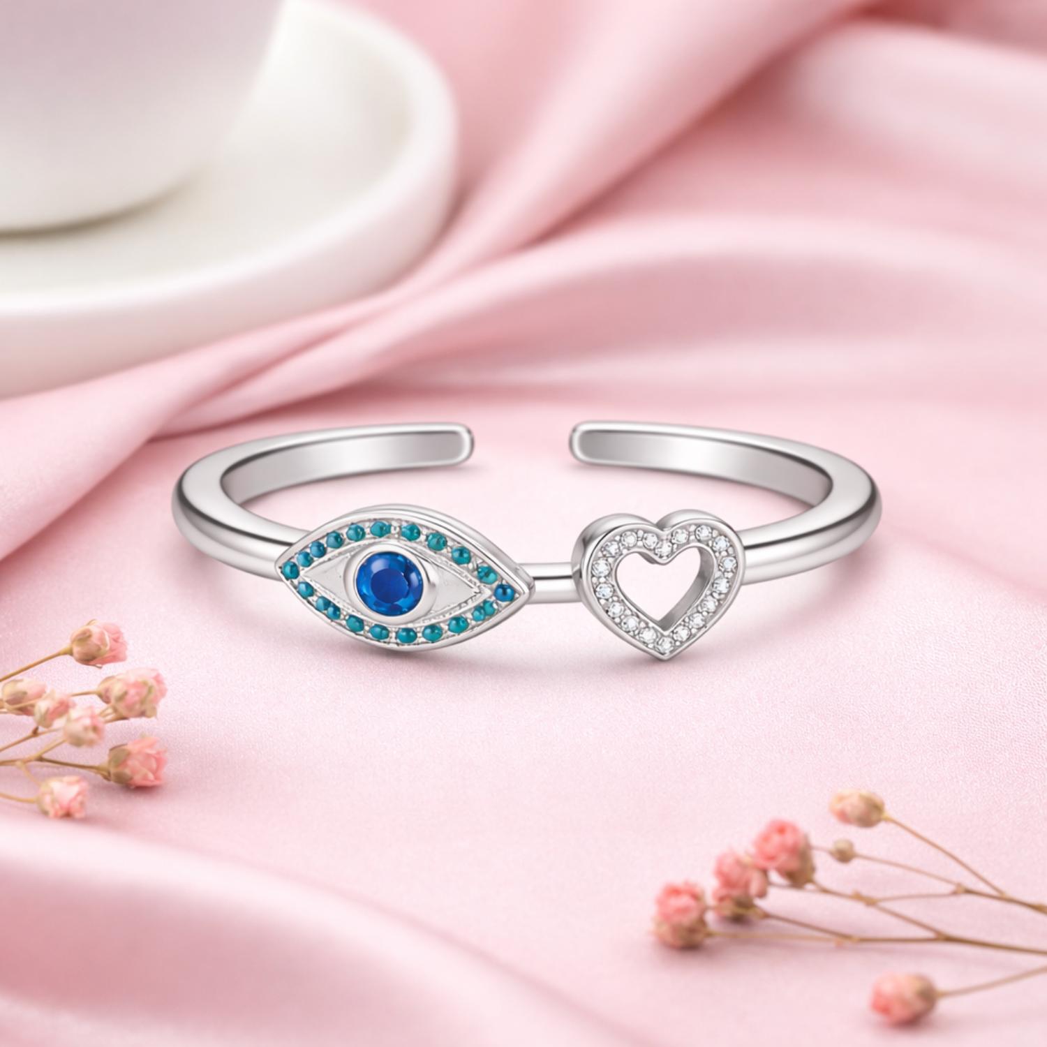 Evil Eye & Heart Open Adjustable Ring – Sterling Silver