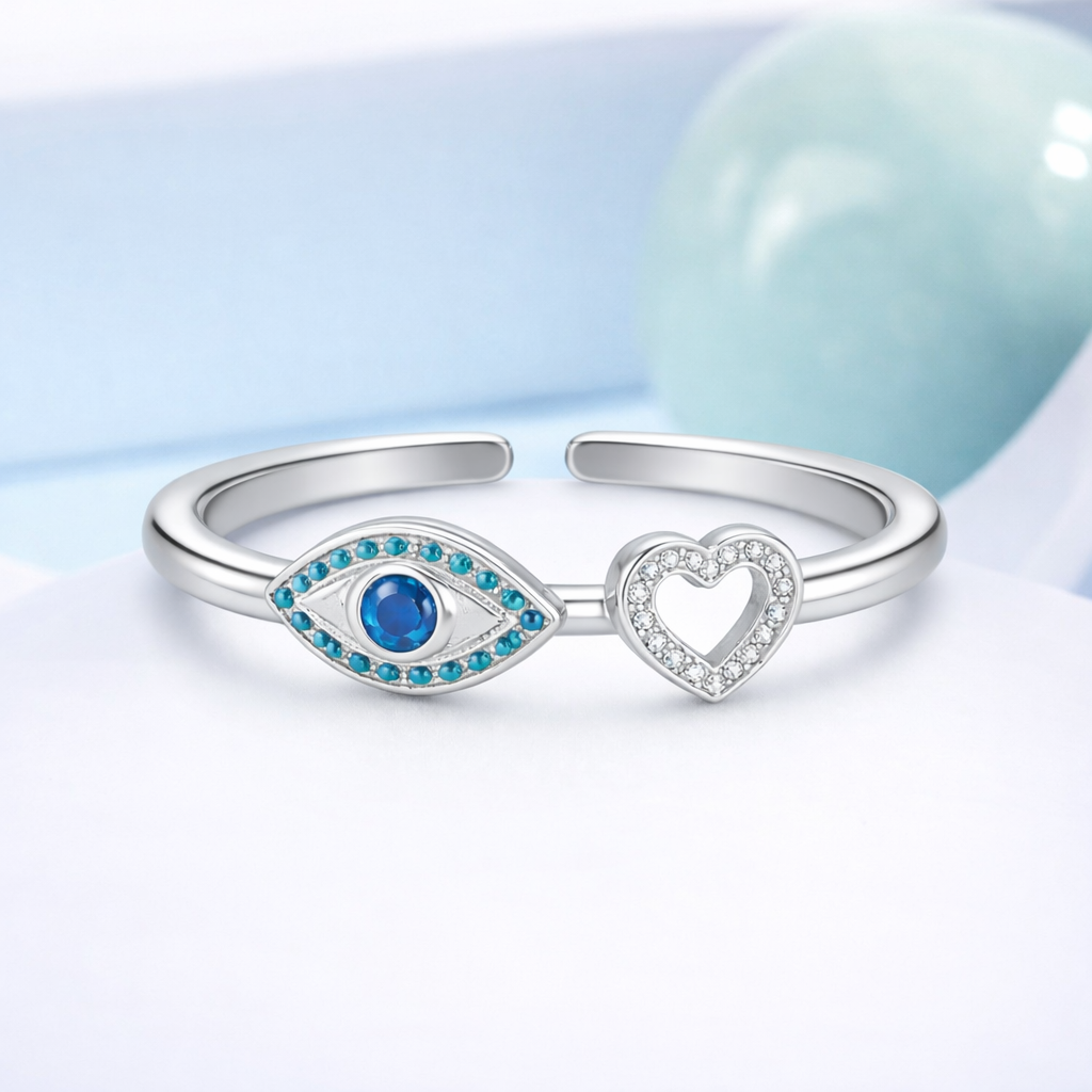 Evil Eye & Heart Open Adjustable Ring – Sterling Silver