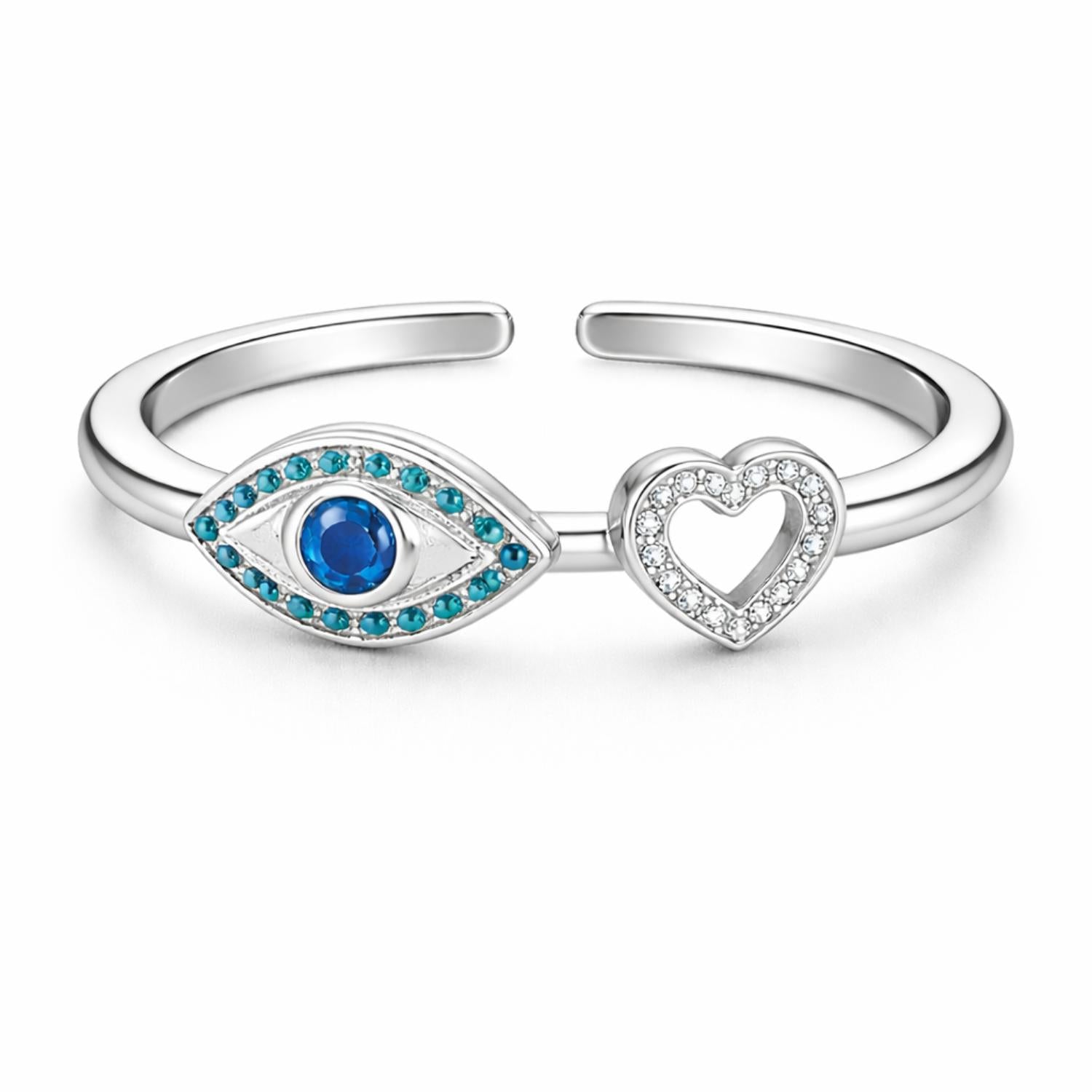 Evil Eye & Heart Open Adjustable Ring – Sterling Silver