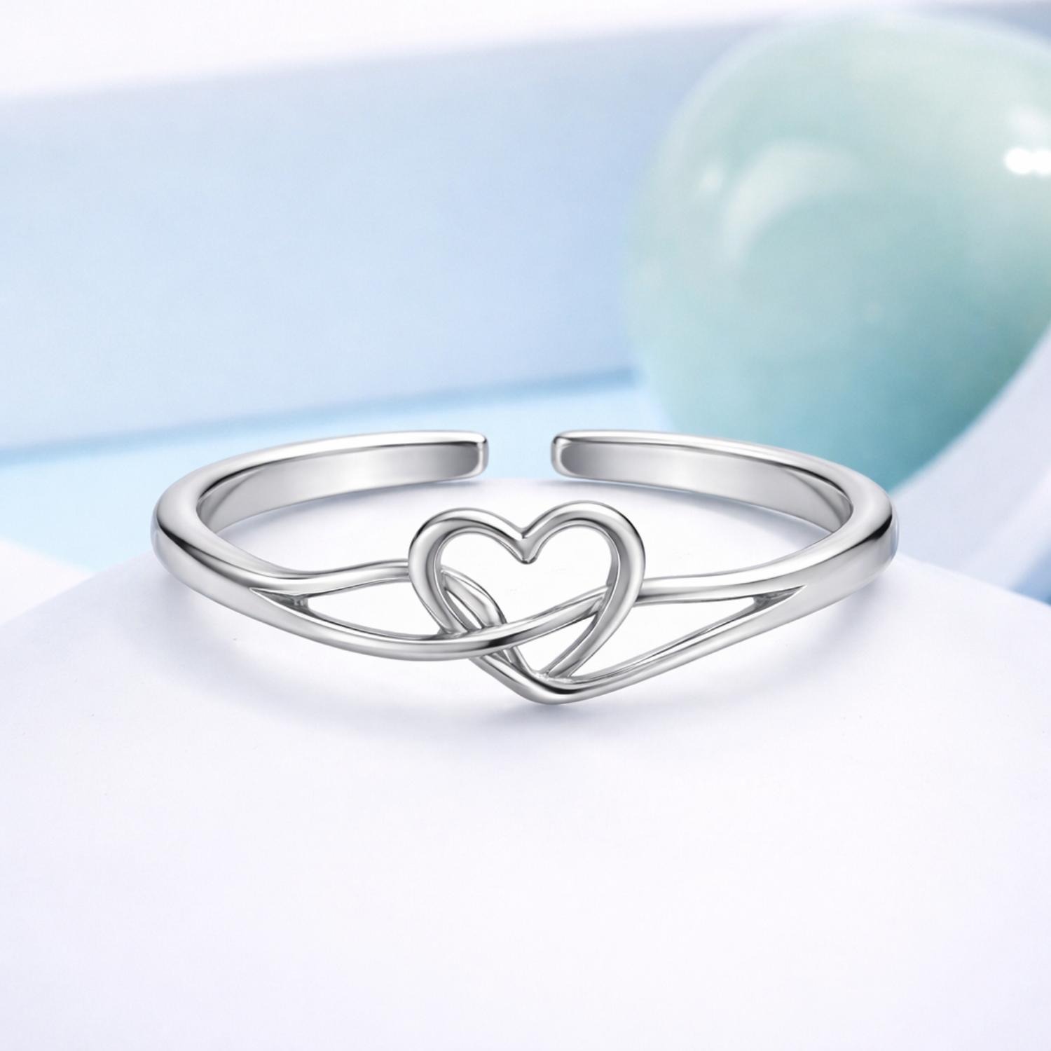 Intertwined Love Knot Heart Adjustable Open Ring – Sterling Silver