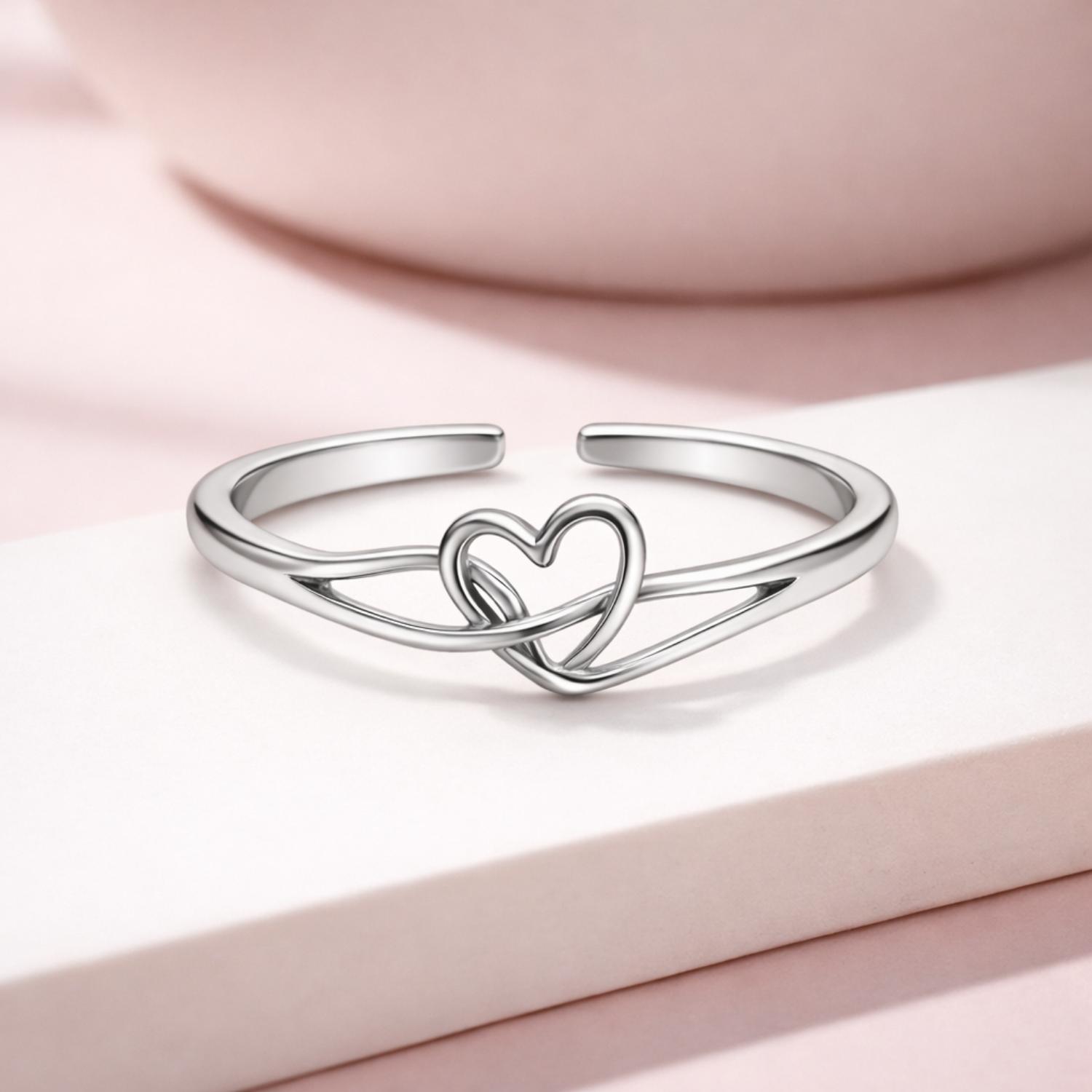 Intertwined Love Knot Heart Adjustable Open Ring – Sterling Silver