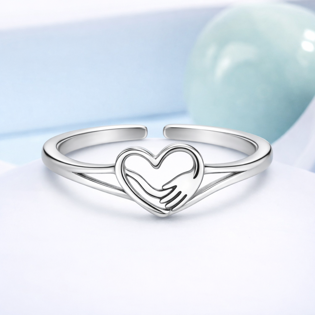 Heart Hug Adjustable Open Ring – Sterling Silver
