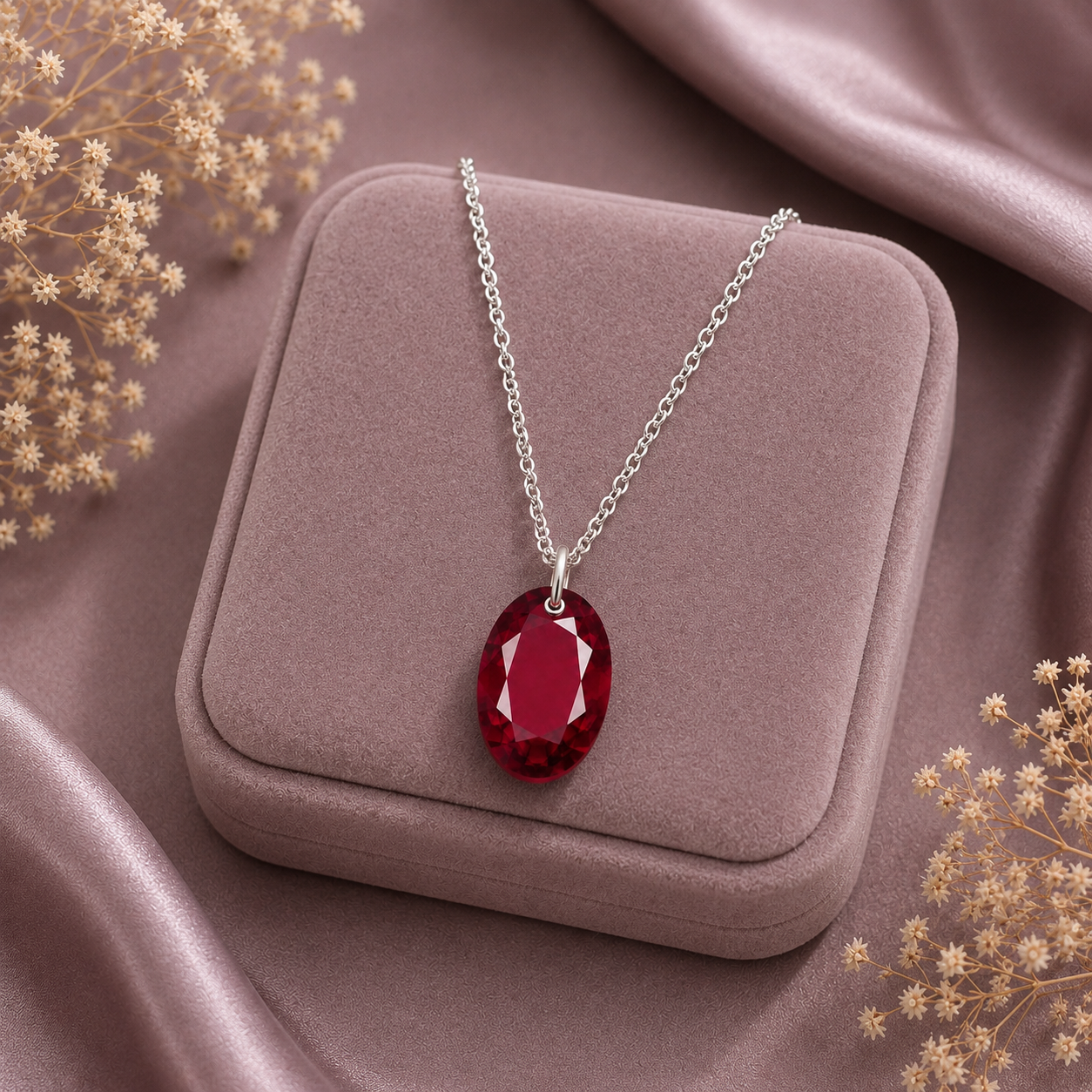 Oval Ruby Glass Filled Solitaire Necklace - 925 sterling Silver