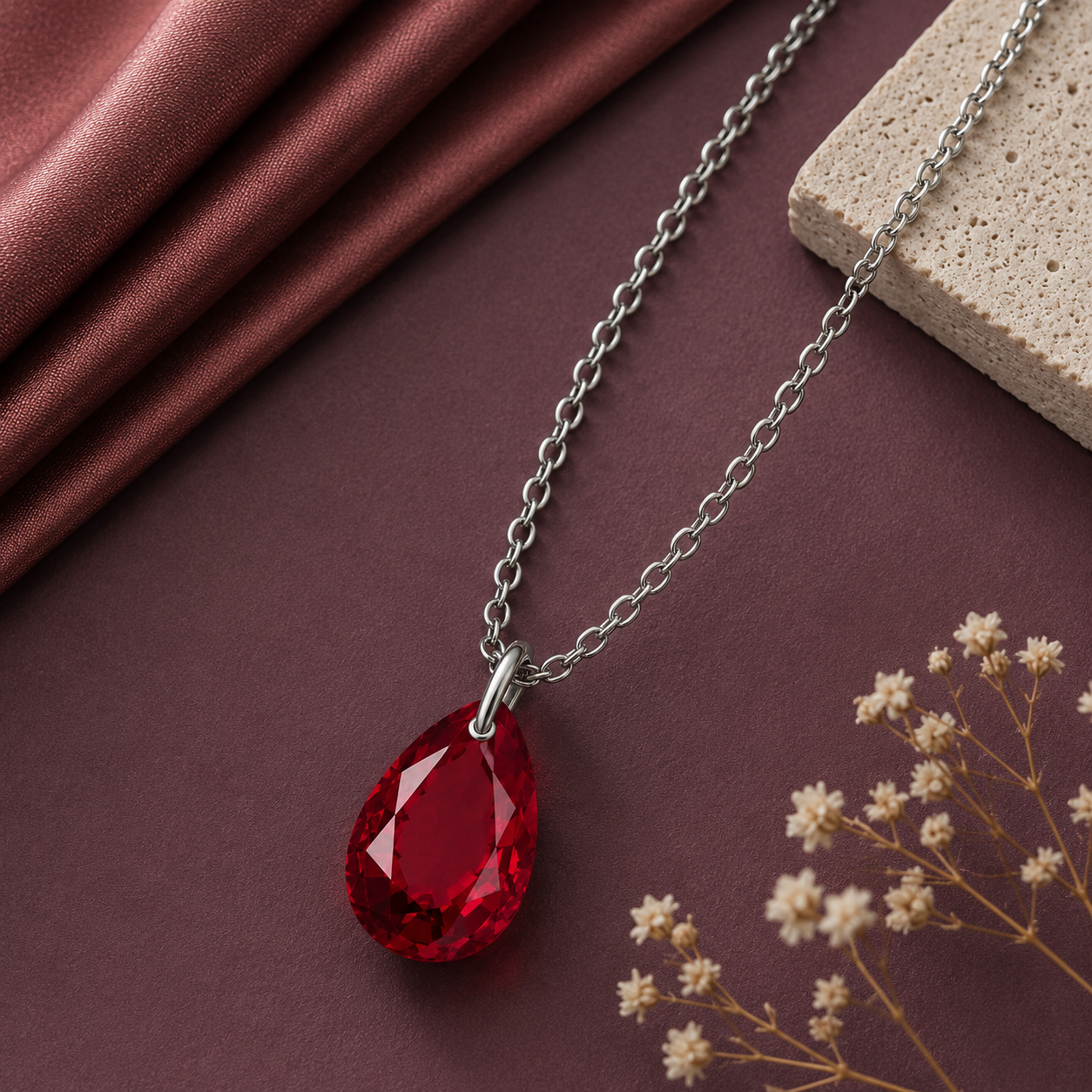 Pear Glass Filled Ruby Solitaire Necklace - 925 sterling Silver