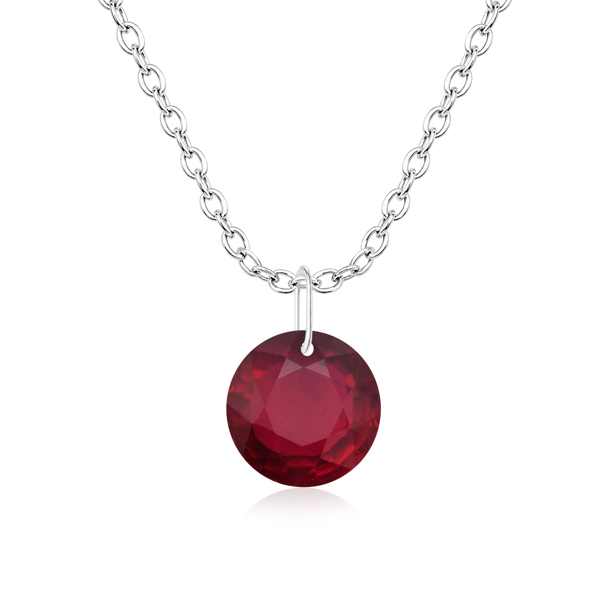 Round Glass-Filled Ruby Solitaire Necklace - 925 sterling Silver