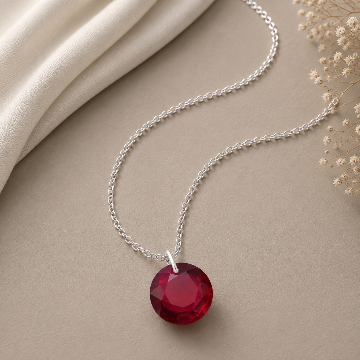 Round Glass-Filled Ruby Solitaire Necklace - 925 sterling Silver