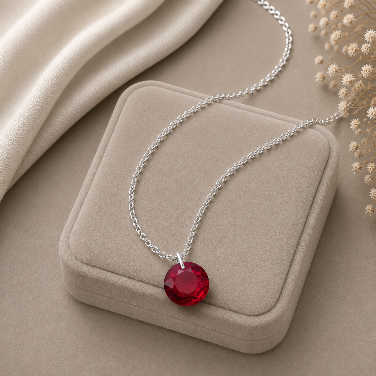 Round Glass-Filled Ruby Solitaire Necklace - 925 sterling Silver