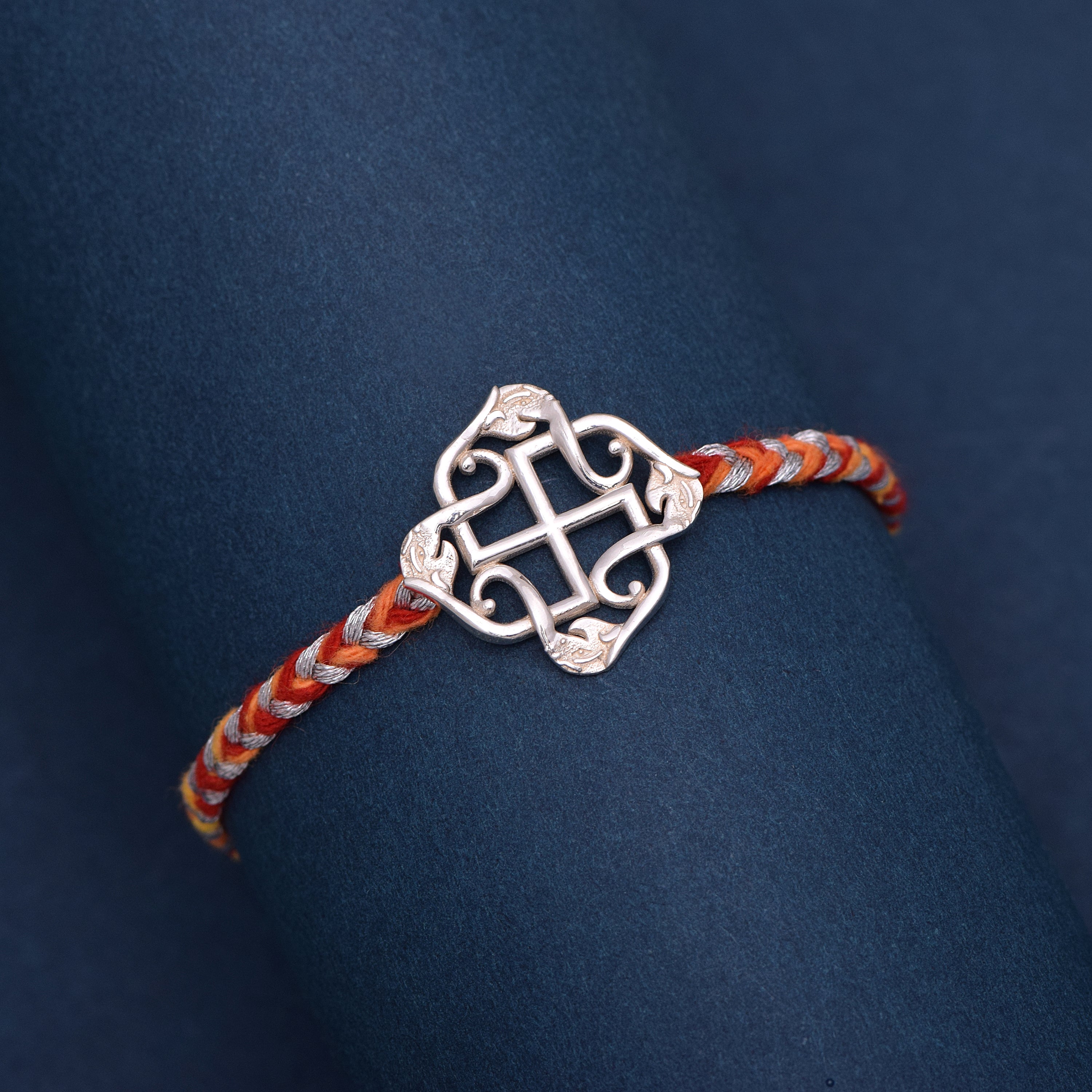 Swastik Mandala Thread Rakhi Bracelet - Sterling Silver
