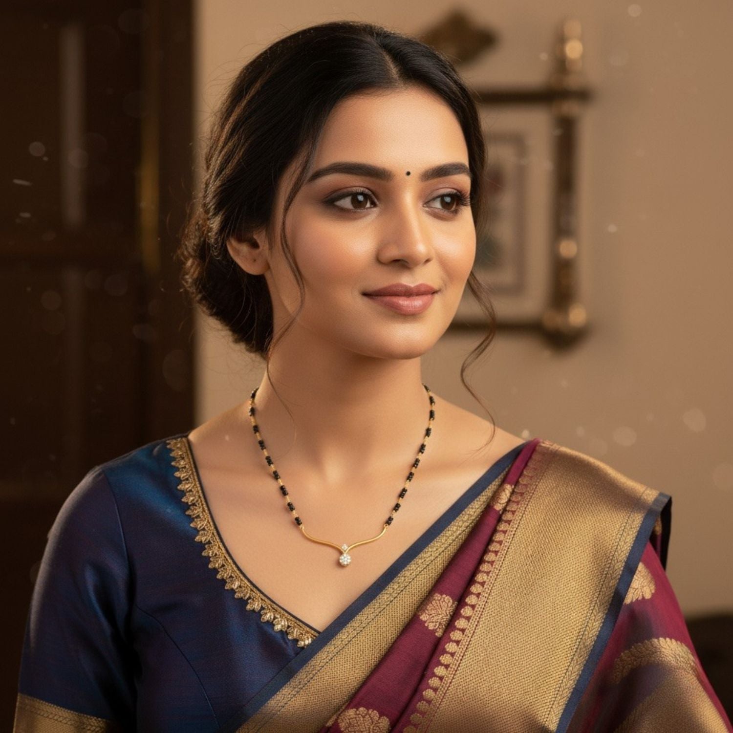 V-Shaped Floral Pendant Mangalsutra – Sterling Silver Gold Plated