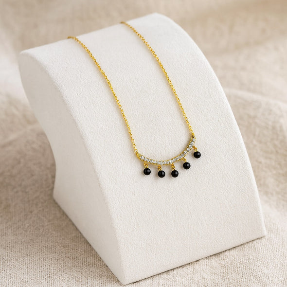 Curved Bar Hanging Black Beads Mangalsutra – Sterling Silver Gold Plated