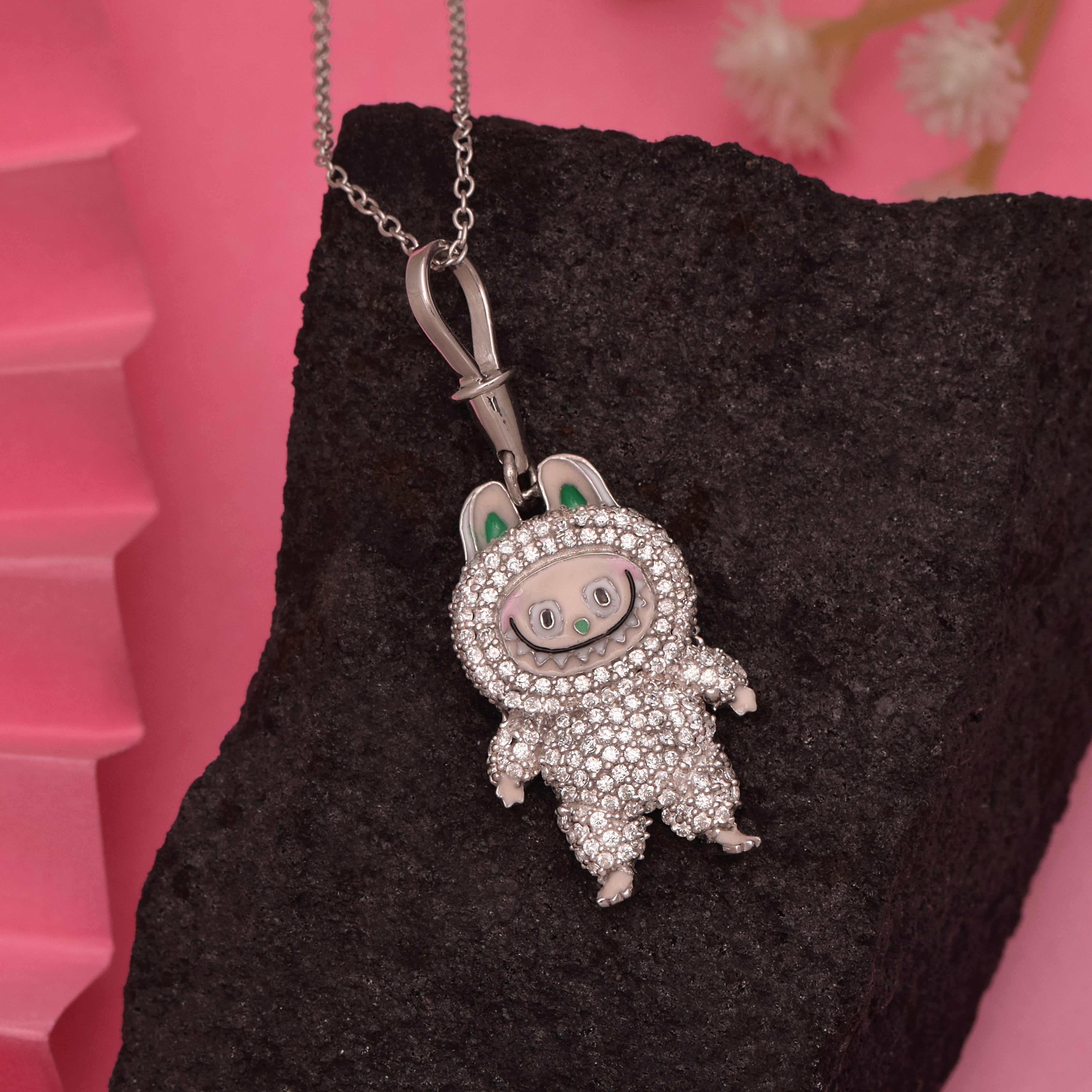 White CZ Labubu Doll Pendant Necklace - Sterling Silver