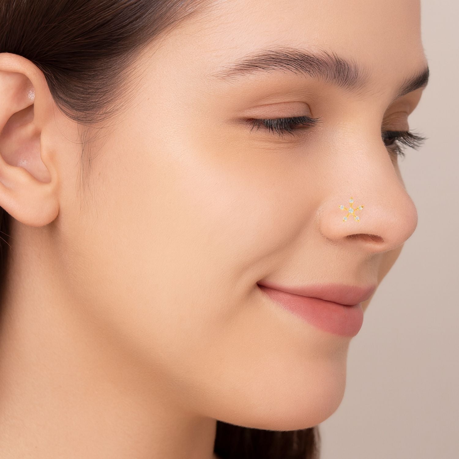 White CZ Six-Point Floral Nose Pin - Sterling Silver Gold Plated