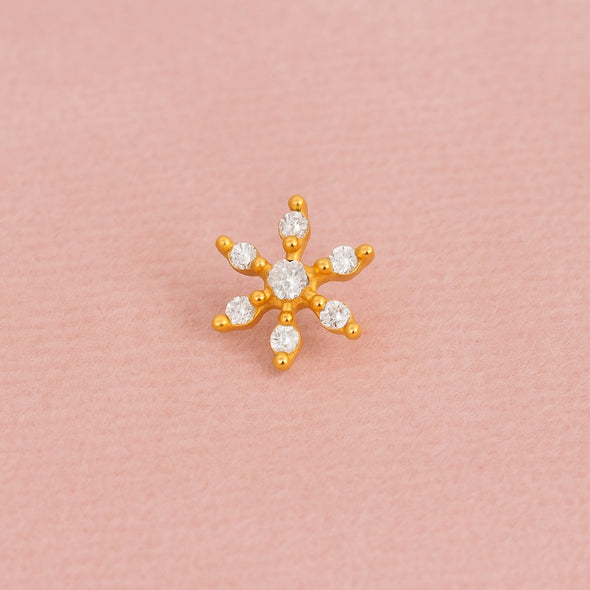 White CZ Six-Point Floral Nose Pin - Sterling Silver Gold Plated