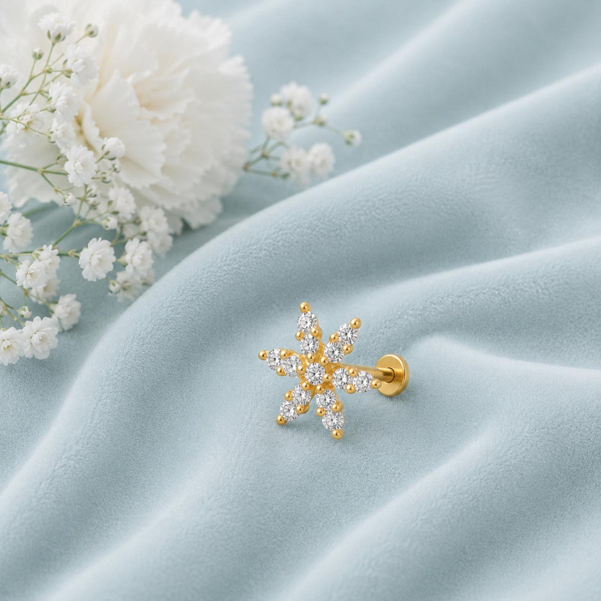 White CZ Floral Nose Pin - Sterling Silver Gold Plated