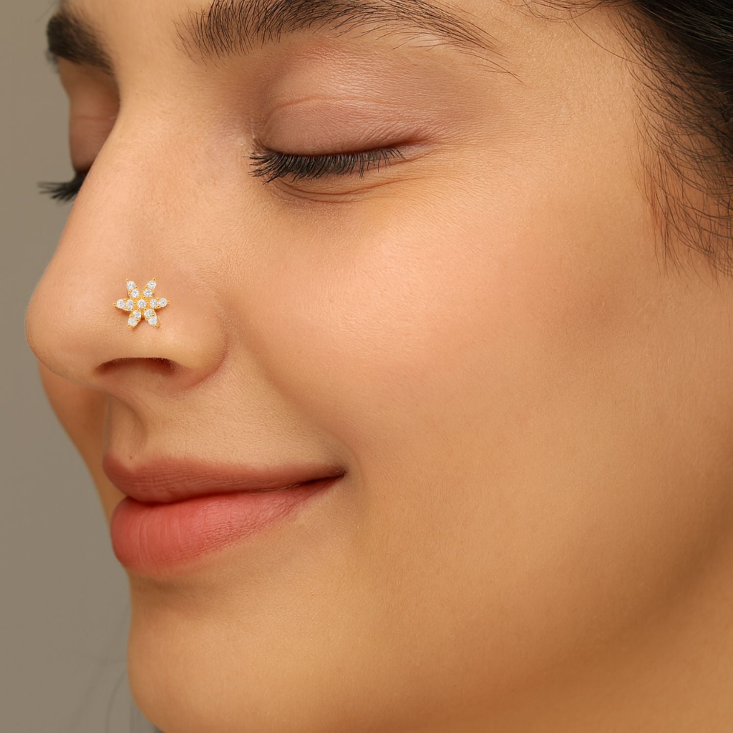 White CZ Floral Nose Pin - Sterling Silver Gold Plated