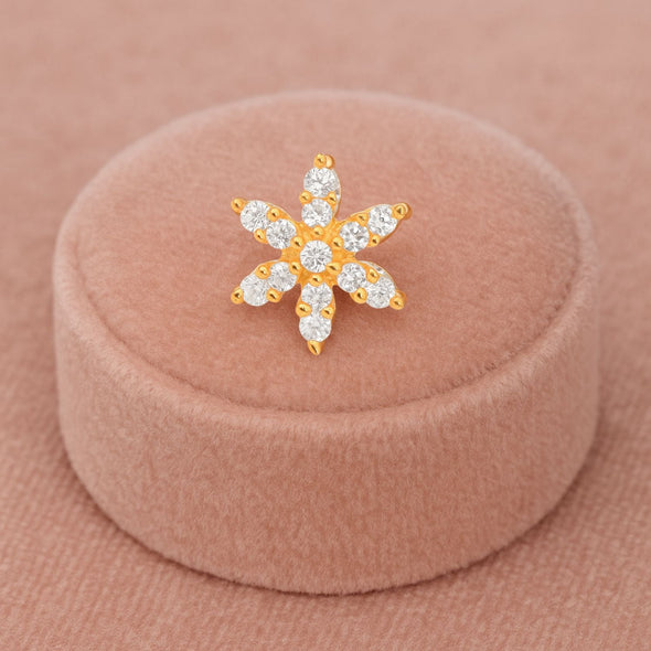 White CZ Floral Nose Pin - Sterling Silver Gold Plated