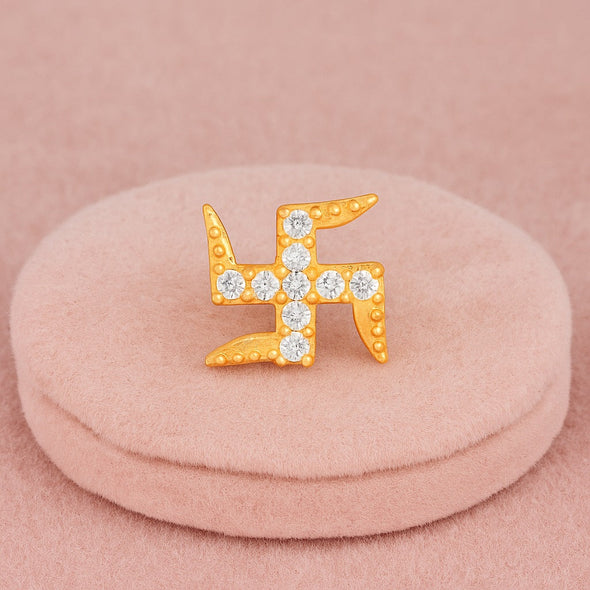 White CZ Swastik Symbol Nose Pin - Sterling Silver Gold Plated