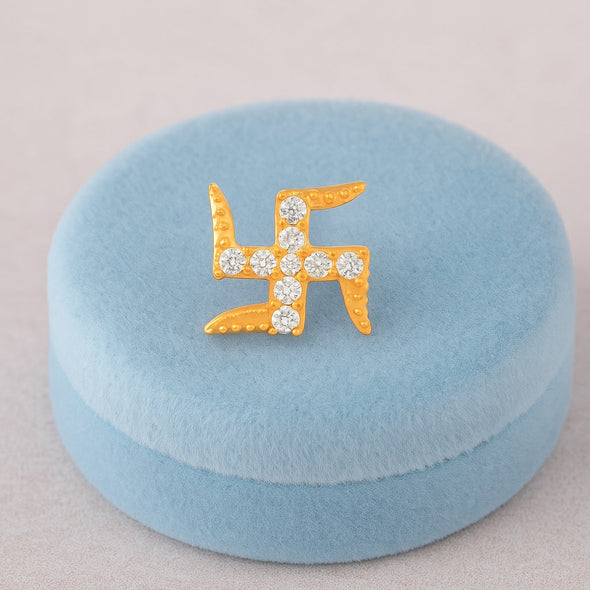 White CZ Swastik Symbol Nose Pin - Sterling Silver Gold Plated